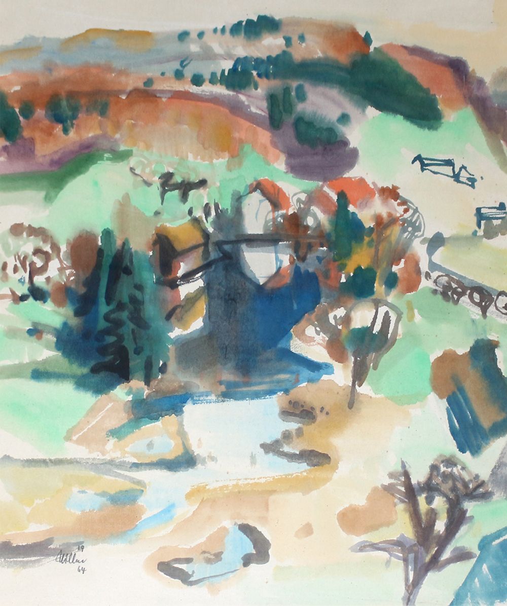 Anonym. Abstrahierte Aquarell-Landschaft. 1964. Ca. 52 x 55 cm. Undeutl. Sign. U&hellip;