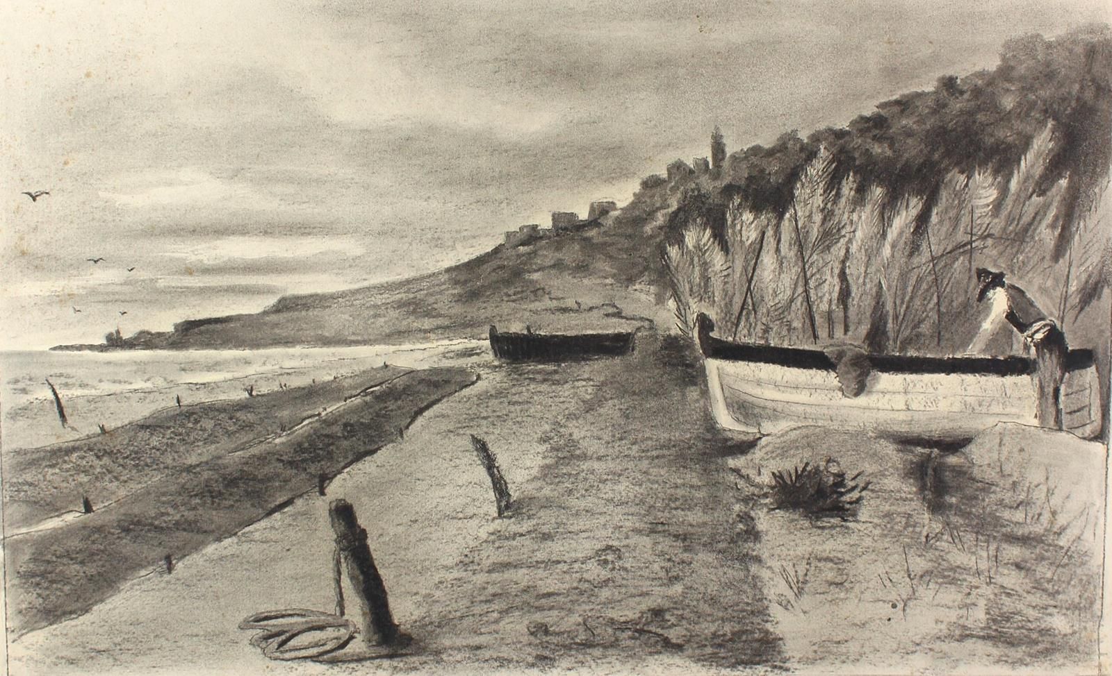 Becker, August (1822年达姆施塔特-1887年杜塞尔多夫)。有一个人和一条船的海岸景观。炭笔画。56 x 74厘米。左侧有缺角，左侧边缘有破损&hellip;