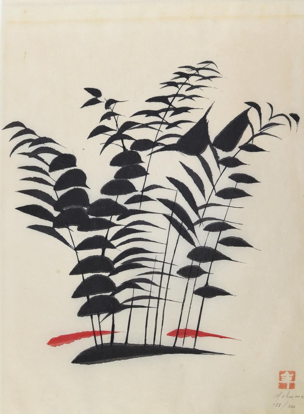 Inagaki, Nenjiro (auch: Toshijiro Inagaki, 1902-1963）归属。对植物的描述。日本上的水彩木刻。尺寸为44 x &hellip;