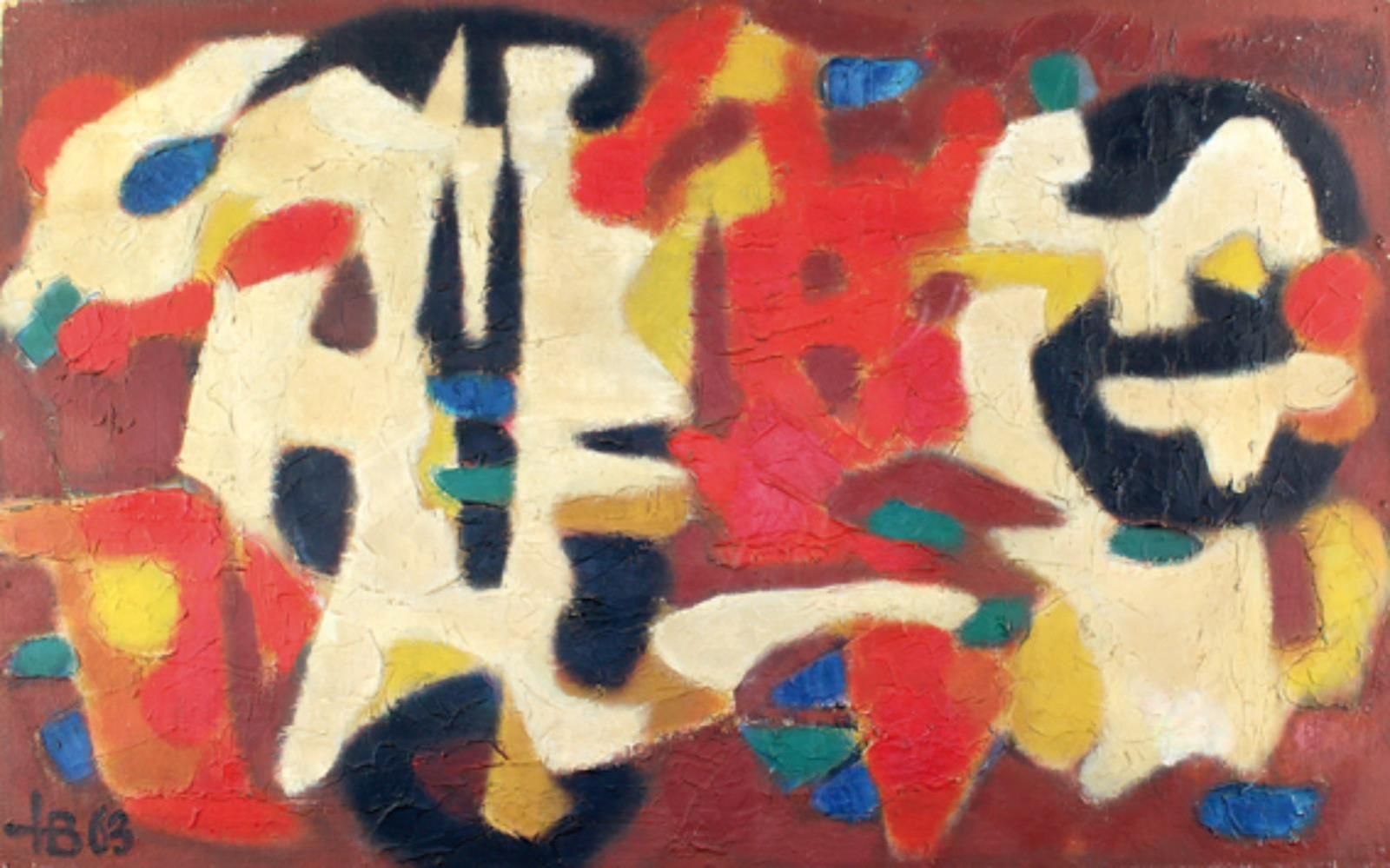 Barthel, Hugo (1918年，活跃于巴德基辛根，1977年)。与自由形式的复合。1963年，硬纸板上的油彩，52.5 x 84厘米。左下角有图案和日&hellip;