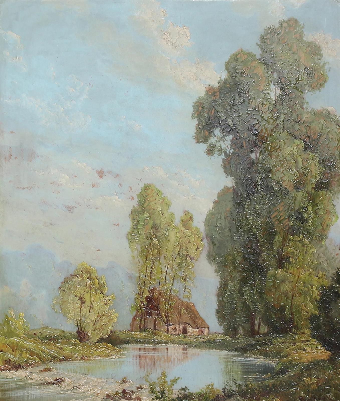 Anonyme Künstler 2 landscape pictures. - Thatched roof house at the lake. Oil on&hellip;