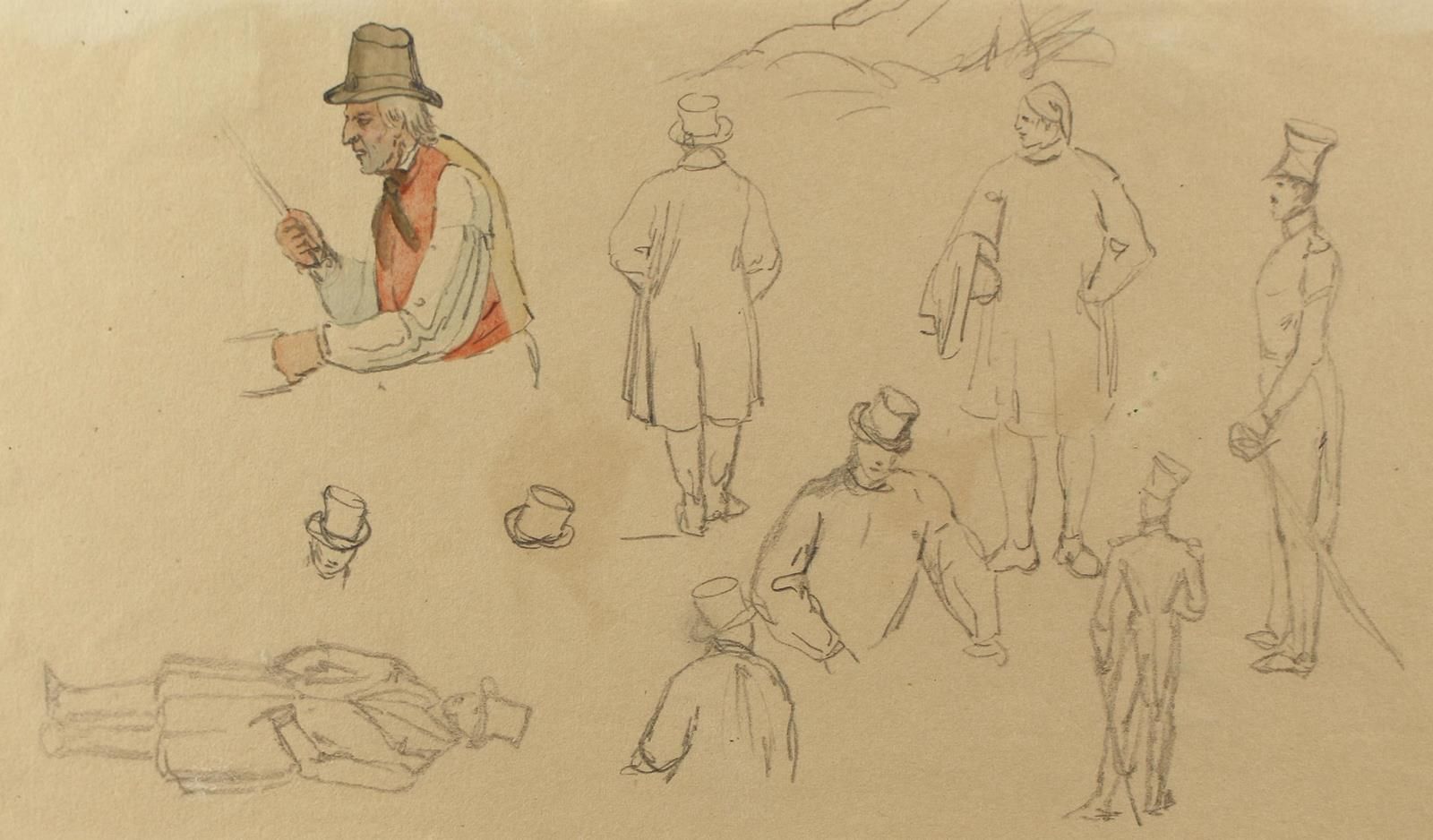 Klein, Johann Adam (1792年纽伦堡1875年)。3张铅笔画和草图。扭曲的女销售员/农妇/个人研究。部分水彩画，部分。红粉笔。约在9.5×7&hellip;