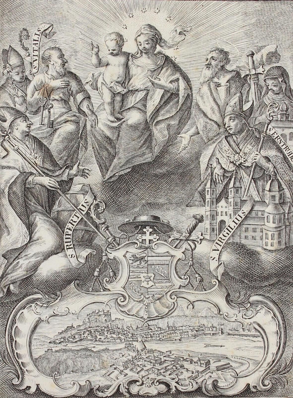 SALZBURG 萨尔茨堡教区圣徒对玛丽和基督儿童的崇敬。Marin Sched(e)l在M. Schnurzer之后。铜版画。18世纪初。约20 x 14,5&hellip;