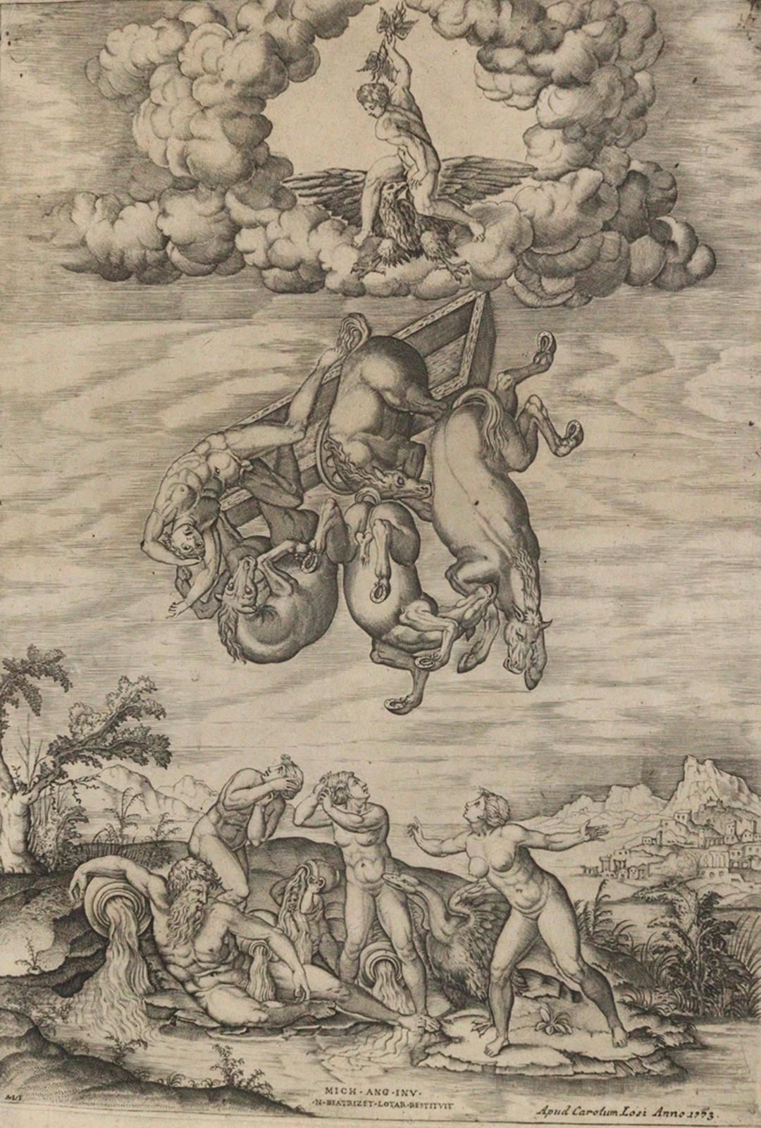 Beatrizet, Nicolas (1515 Lunéville - Roma 1565). La caduta di Fetonte. Incisione&hellip;