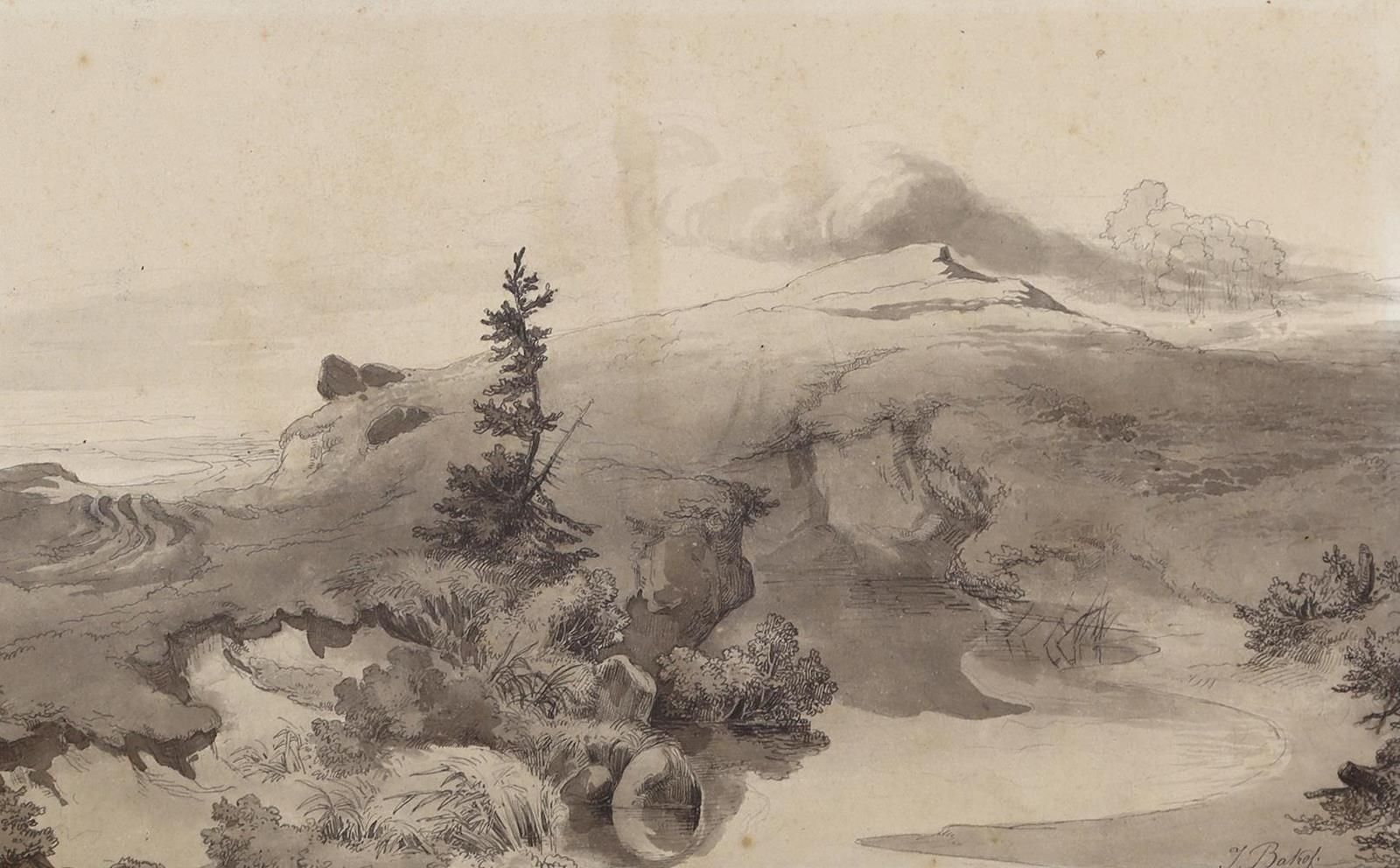 Backof, Julius (1819年汉堡1857年)。多山的风景。拉夫。水墨画。19,5 x 30,8厘米。右下方有签名。安装在纸板上。背面刻有 "Ais&hellip;