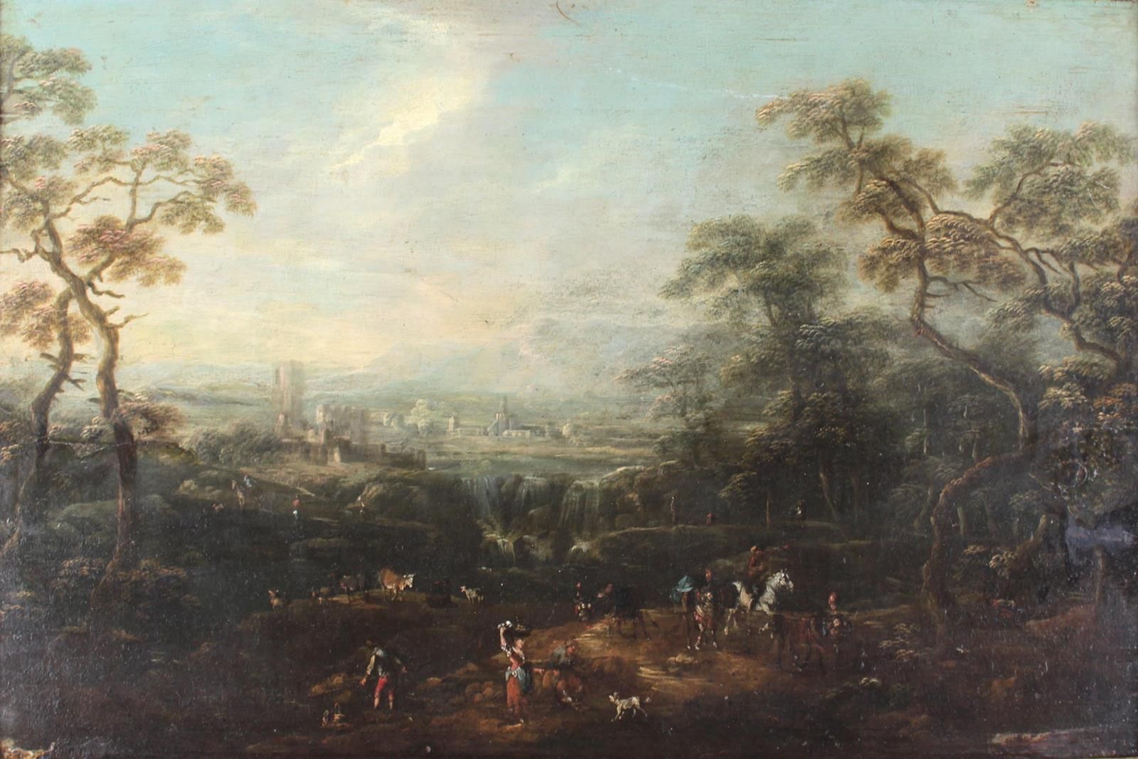 Anonym. Landscape with people. Old master painting. 17th/18th c. 39 x 57 cm. Fra&hellip;