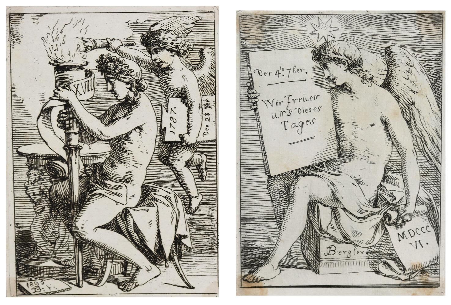 Bergler d. J., Josef (1753年萨尔茨堡-1829年布拉格)。4幅带有新年问候和生日祝福的描写。4幅蚀刻画。1787-1821.介于约12&hellip;