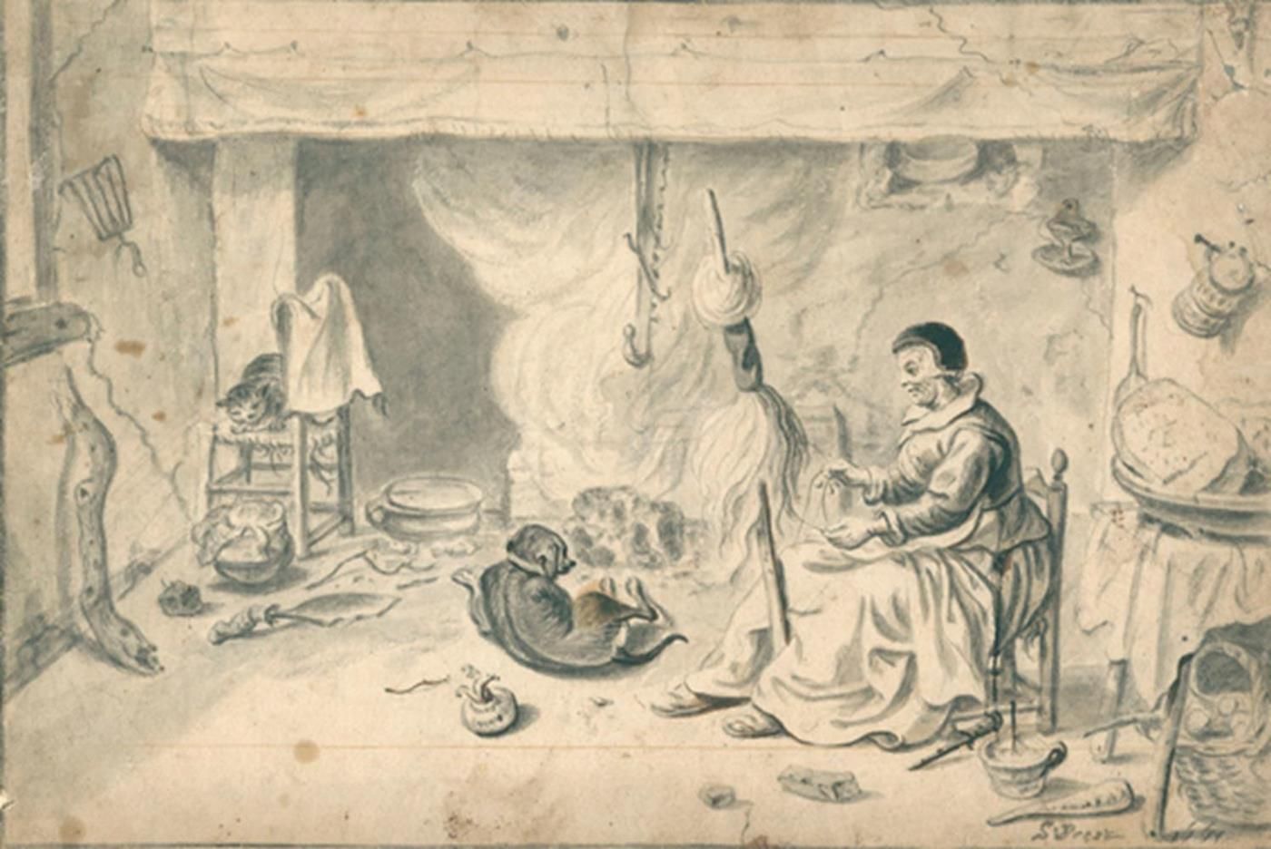 Beest, Sybrand von (约1610年海牙-1674年阿姆斯特丹)女士在室内，在开放式壁炉前用纺锤纺毛，狗和猫也在享受着壁炉的温暖。约22,5 x&hellip;