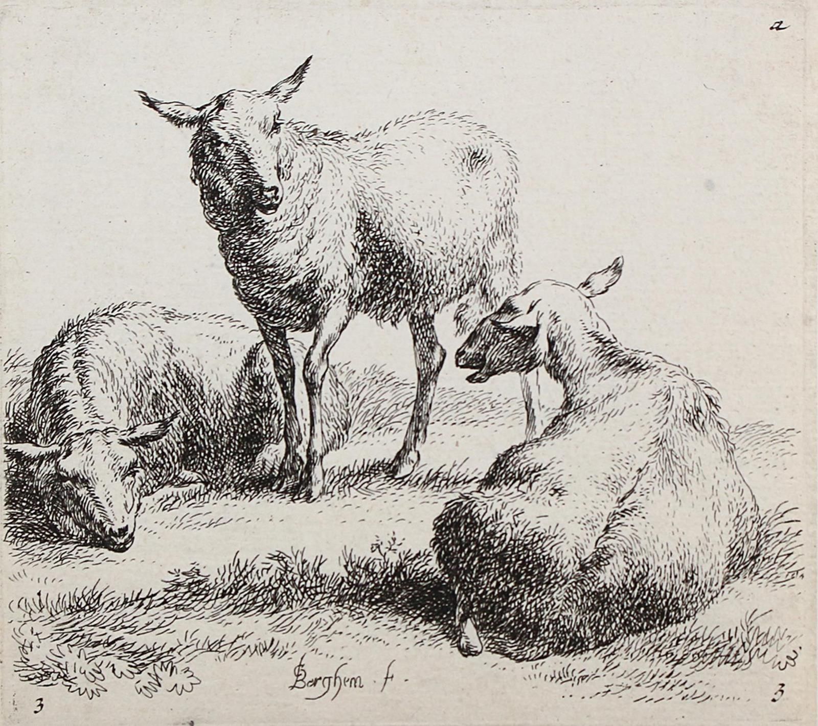 Berchem, Nicolaes (1620年哈勒姆-1683年阿姆斯特丹）。)4张蚀刻版画，主要是对羊的描绘。Qu.Cl.8°。版面上有部分签名。每个人都安&hellip;