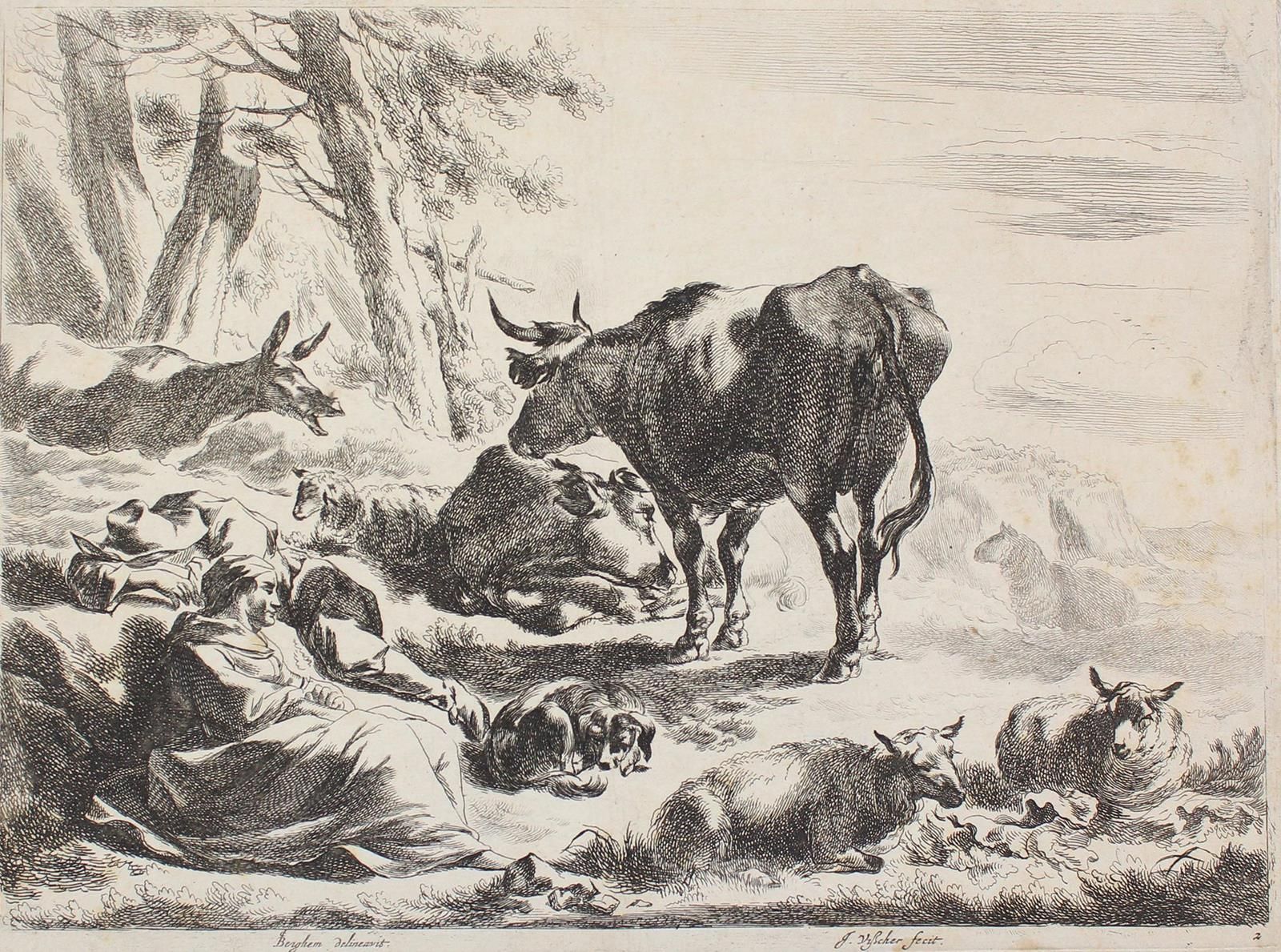 Berchem, Nicolaes (1620年哈勒姆-1683年阿姆斯特丹)，作者及作者后。2幅蚀刻画。牧羊人场景，约26 x 20,5厘米。- 狐臭，有边缘&hellip;