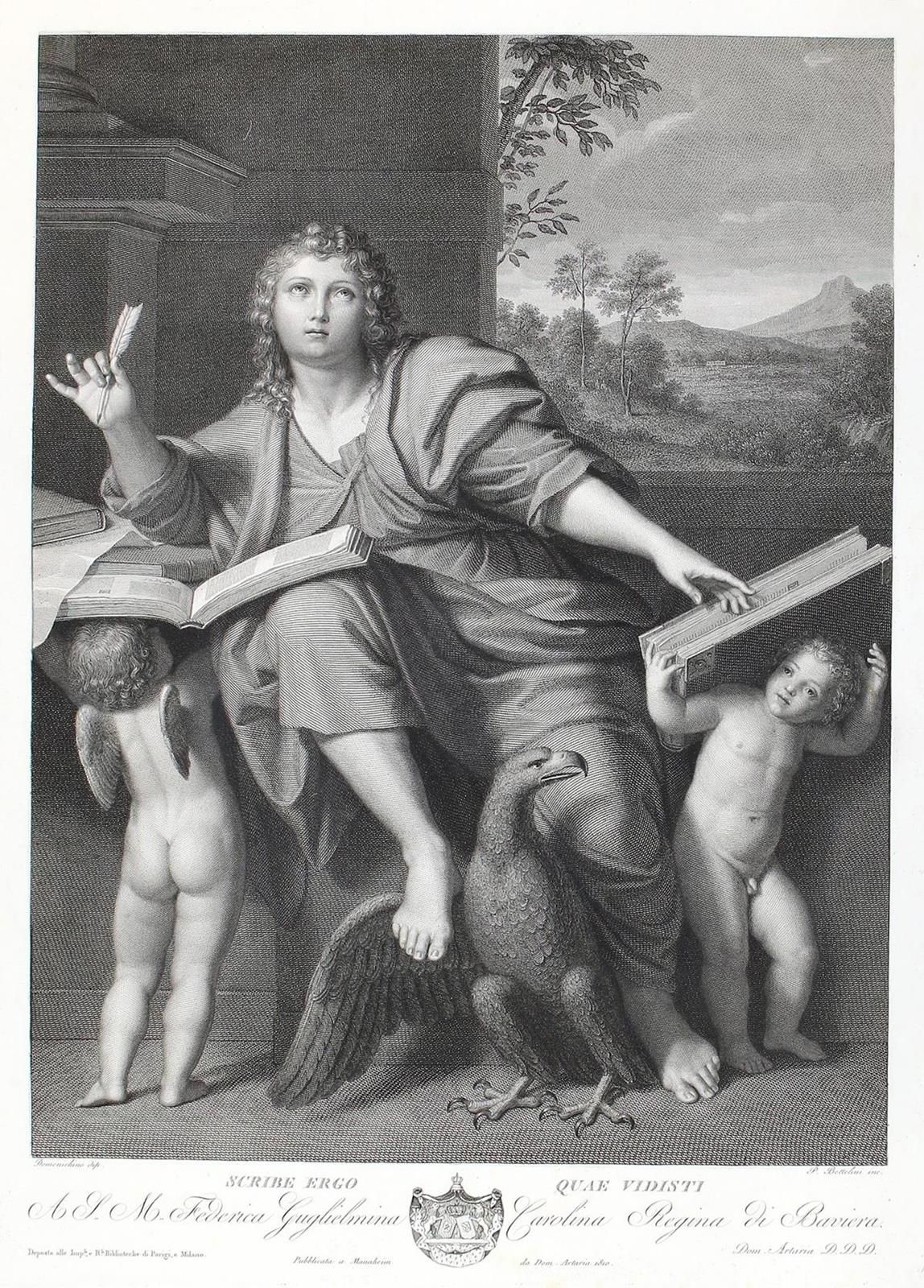 Bettelino, Pietro (1863年卢加诺-1829年罗马)。圣约翰（福音书作者），有笔、普提、书和鹰。D.之后的雕刻。平面图约52x38厘米，对开&hellip;