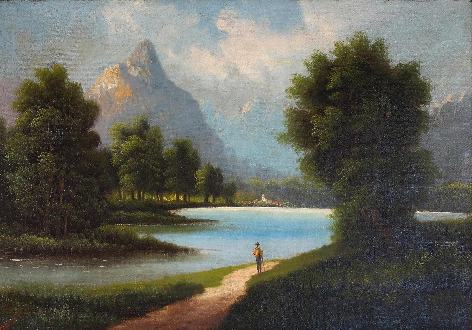 BAUER (19世纪)。孤独的徒步旅行者在一个湖边，中间是一个有教堂的村庄，左边的背景是阿尔卑斯山。布面油画，加倍。52 x 74厘米。左下方有签名。有框。 &hellip;