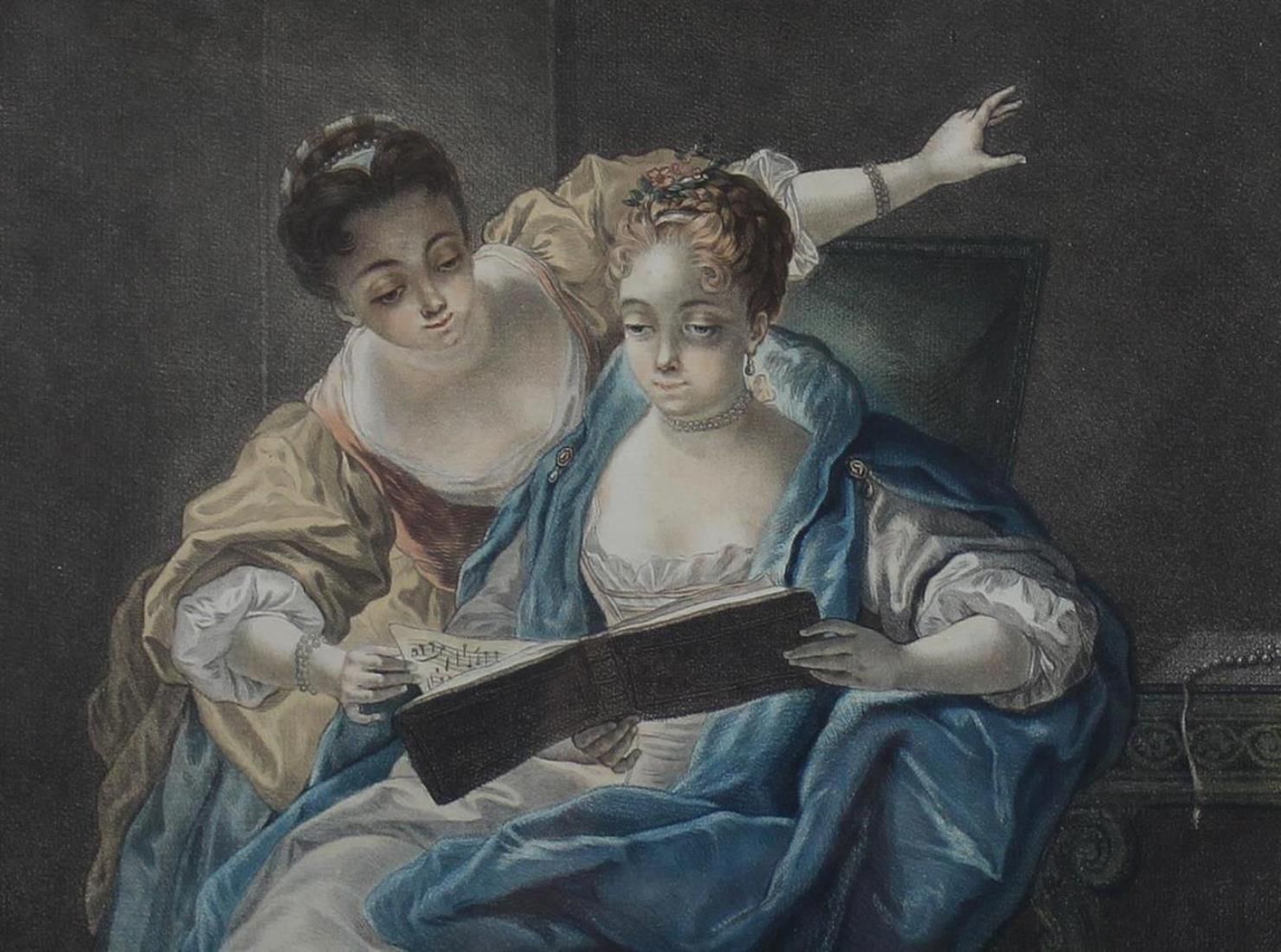 Bonnet, Louis Marin (1763/43 巴黎 1793)。优秀的音乐家们。两位年轻女士拿着一本音乐书。蜡笔小新方式的彩色蚀刻画 n.27,5 &hellip;