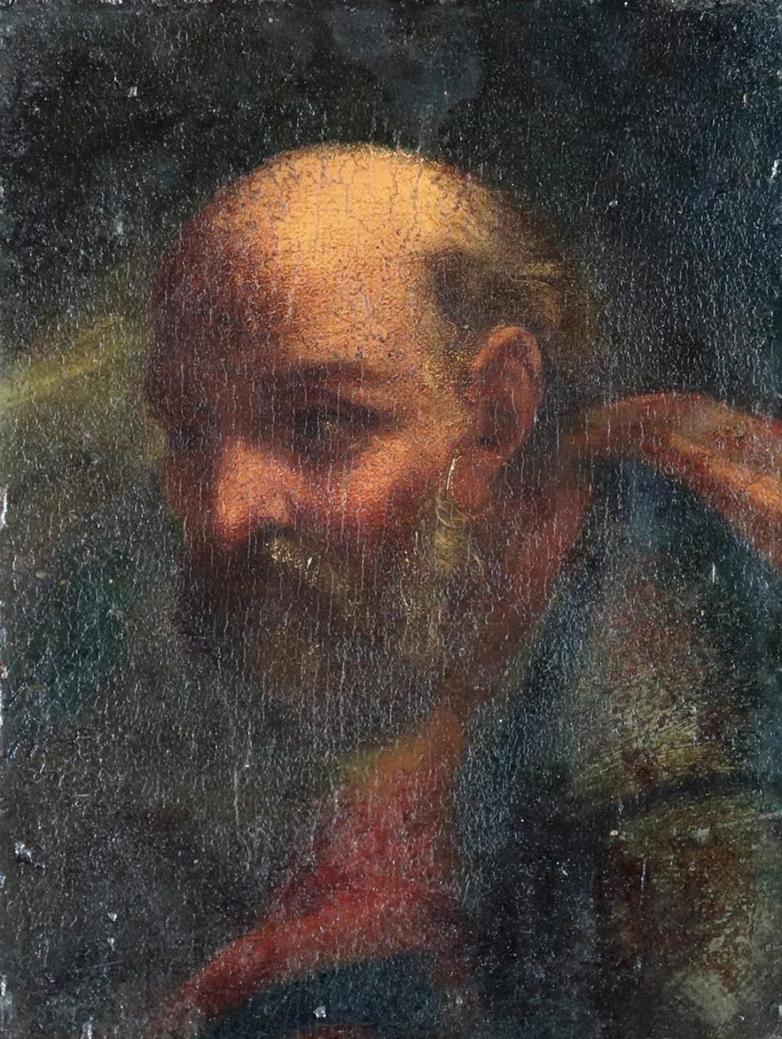 Anonym. (荷兰/法兰德斯，17世纪）。)一个大胡子男人的半身肖像，肩膀上扔着一个麻袋，可能描绘的是一个街头小贩。画布上的油彩，采用明暗相间的技术，安装在&hellip;