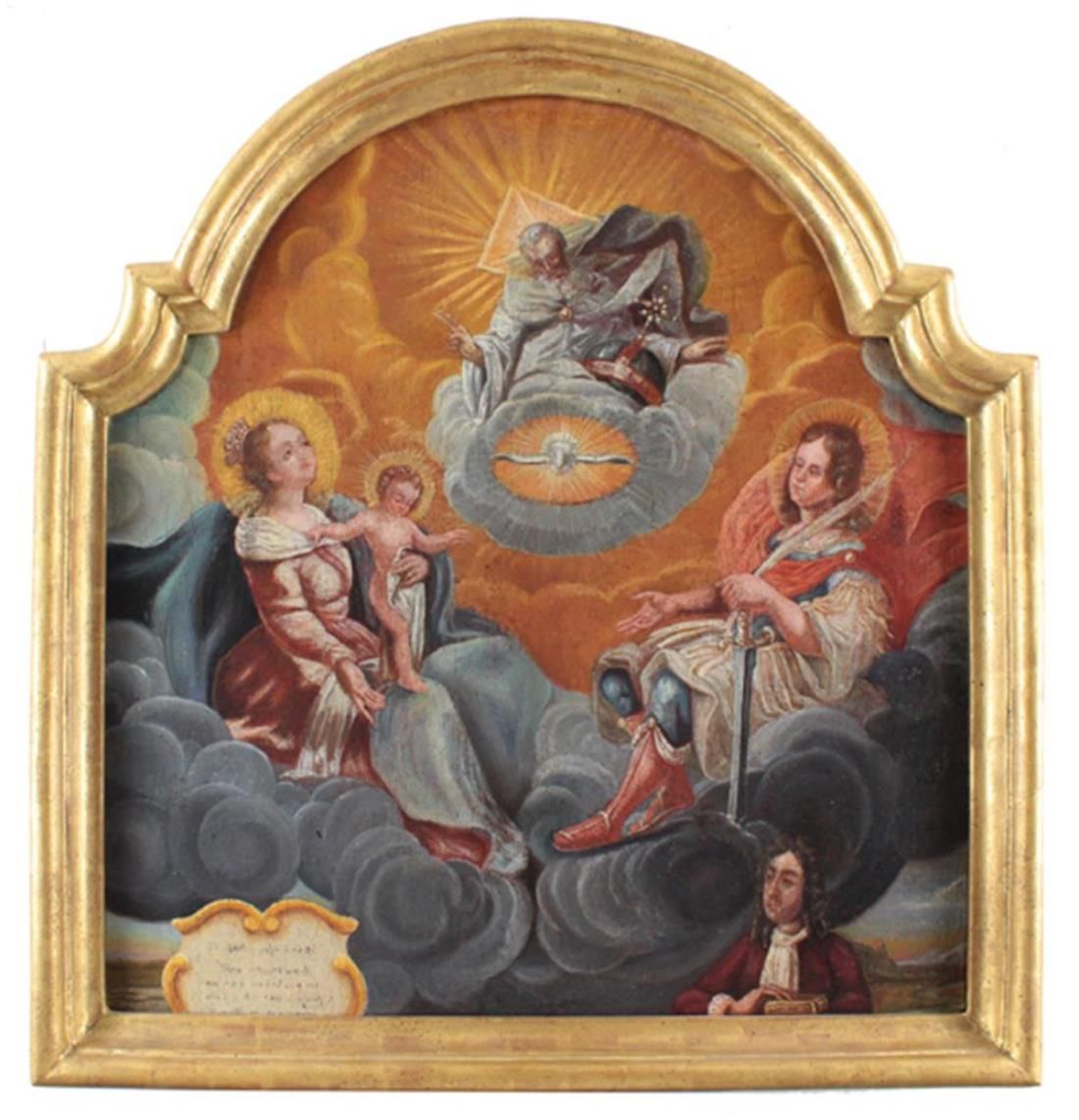 Anonym. 马利亚和基督儿童与父神和保罗一起漂浮在云端。布面油画。约54 x 49厘米。祭坛画在顶部圆润。有框。 D