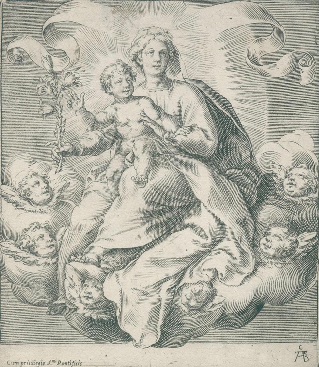 Alberti, Cherubino (1553 Sansepolcro - 罗马 1615)。马利亚和耶稣漂浮在云端。铜版画。约15x13厘米。修剪成版式。盘&hellip;
