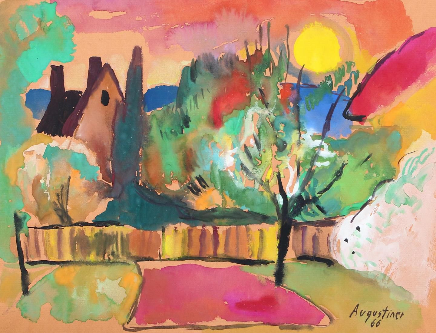Augustiner, Werner (1922年 格拉茨 1986)。有房屋背景的花园。橙色纸上的水彩画，1966年，约25 x 32厘米。右下角署名 "U.&hellip;