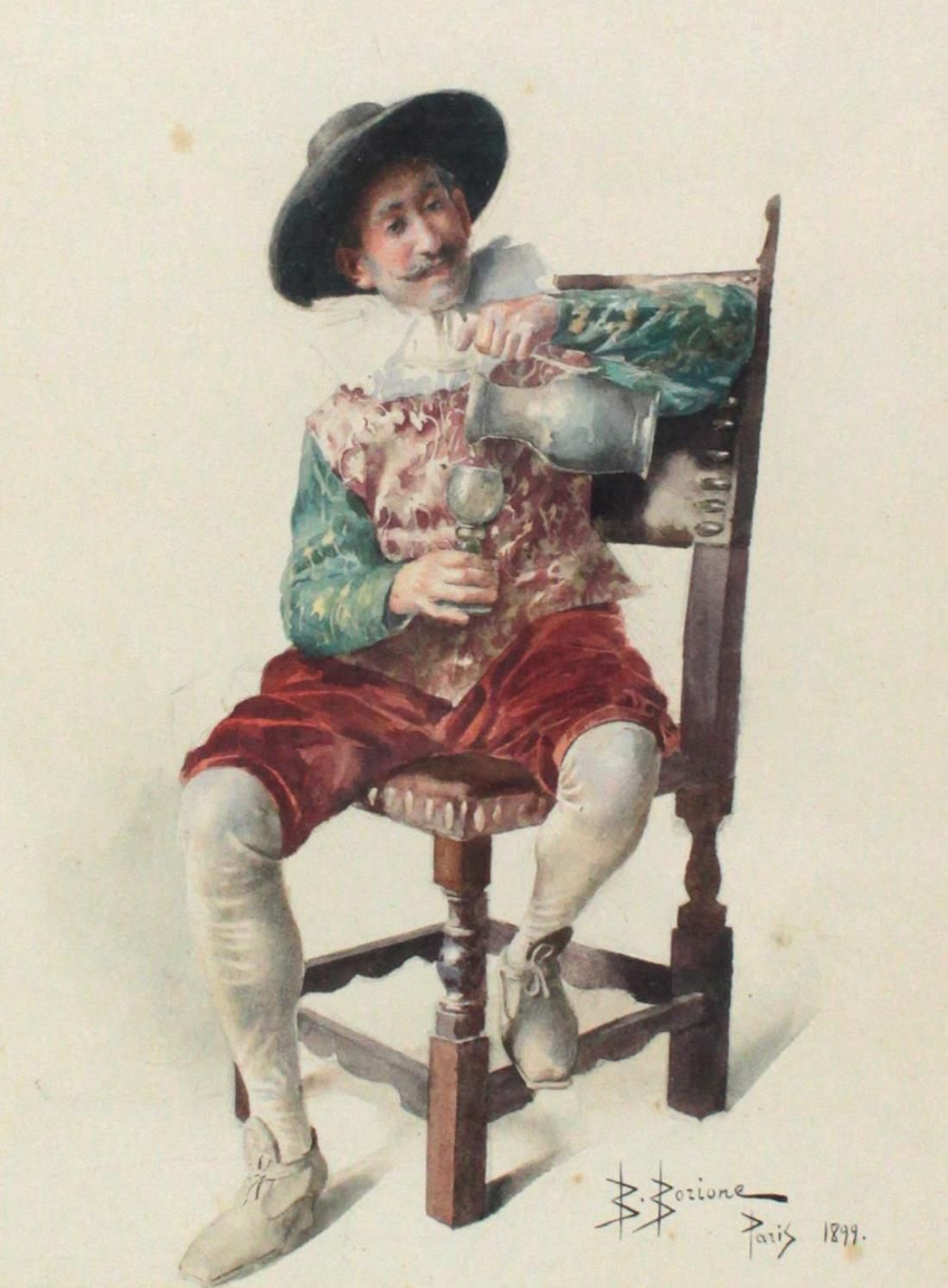 Borione, Bernard Louis (1865-约1920年在巴黎)。饮酒的男人，胡须扭曲，坐在椅子上。水彩画 1899年。约19,5 x 12厘米。&hellip;
