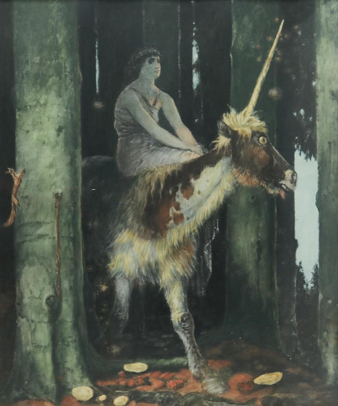 Böcklin, Arnold (1827年巴塞尔-1901年菲耶索莱附近的圣多米尼克）之后。森林的寂静。彩色的独角兽。可能是彩色蚀刻画，带有一些色彩，可能是2&hellip;
