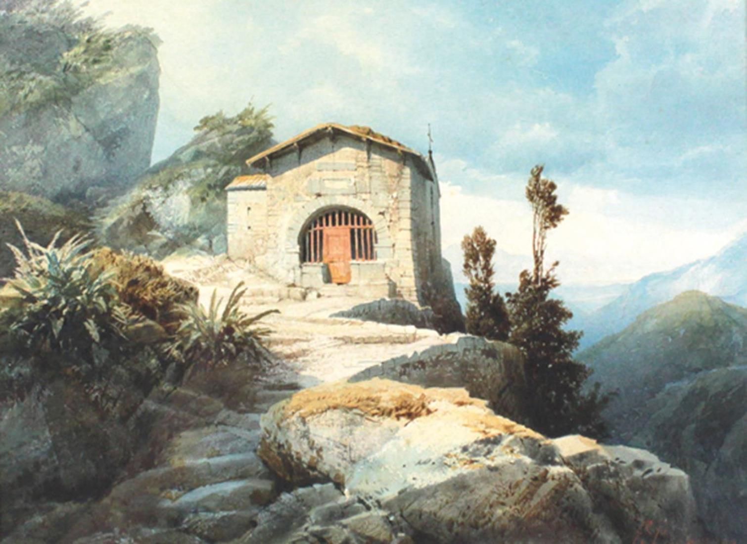 Biermann, Karl Eduard (1803 Berlin 1892). Kapelle in südlicher Berglandschaft. A&hellip;