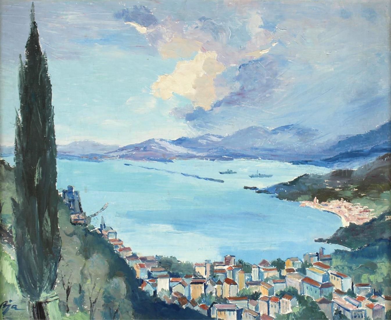 Aja, Adalbert Jaschinski (1905年哥尼斯堡-1989年科隆）。)Lerici.从利古里亚小镇俯瞰拉斯佩齐亚湾。布面油画，1958年，&hellip;