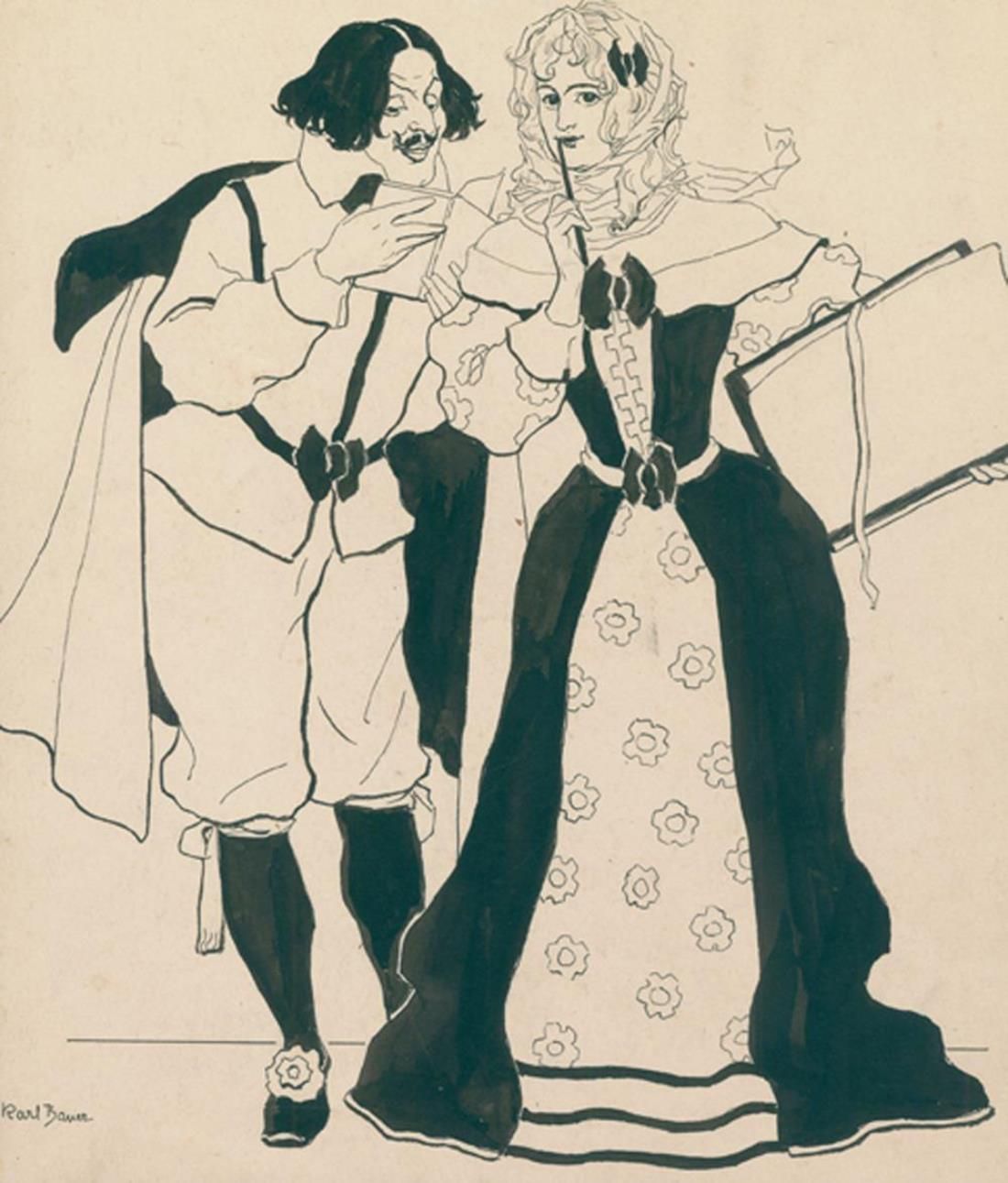 Bauer, Karl Konrad Friedrich (1868年斯图加特-1942年慕尼黑)。一对站立的夫妇，面对面穿着历史主义的服装，一个人读着一本打开&hellip;