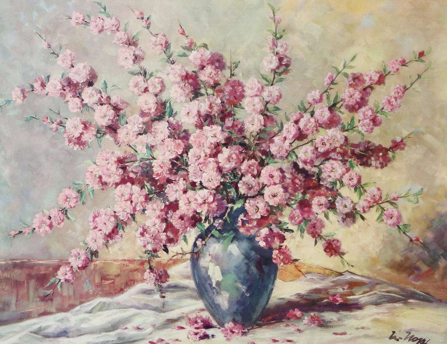 Blumenstillleben. 日本康乃馨樱花。纸板上的油彩。20世纪，约60 x 80 隐约有签名。有框。 D