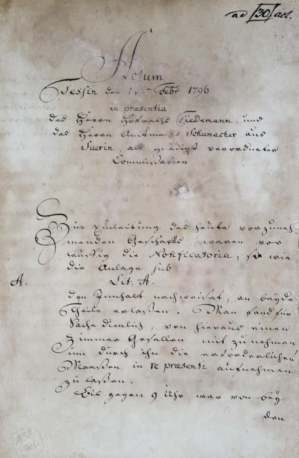 Amtliches Protokoll 关于对堤坝违规行为的现场考察和证人审讯。纸上的手写体。日期为1796年1月8日，泰辛，对开页。带平面草图 a. 漆封。1&hellip;