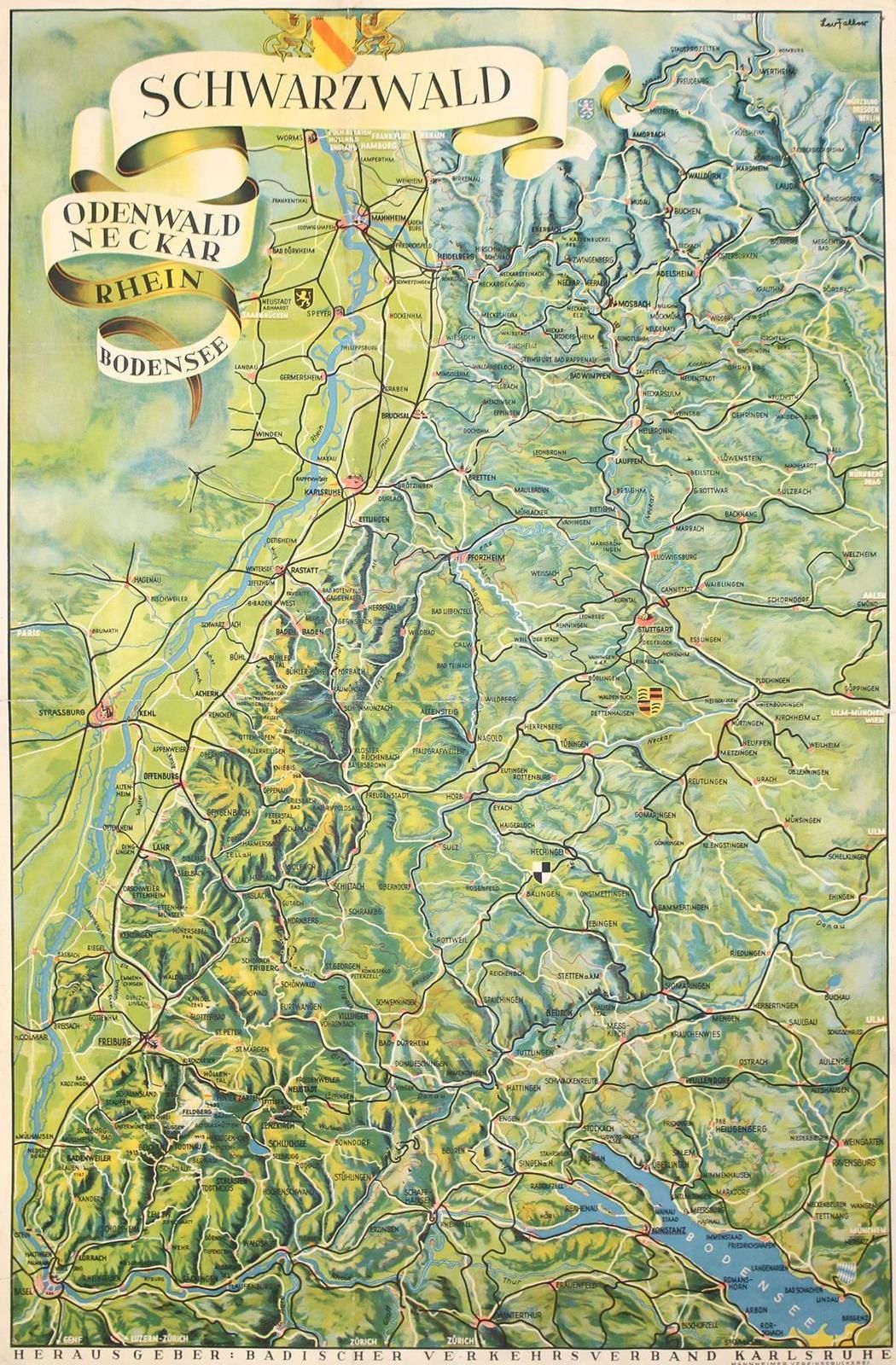 Schwarzwald, 奥登瓦尔德、内卡、莱茵河、康斯坦茨湖。利奥-法勒的海报，由巴登运输协会卡尔斯鲁厄出版，约1940年，100 x 66厘米。- 有些磨损&hellip;