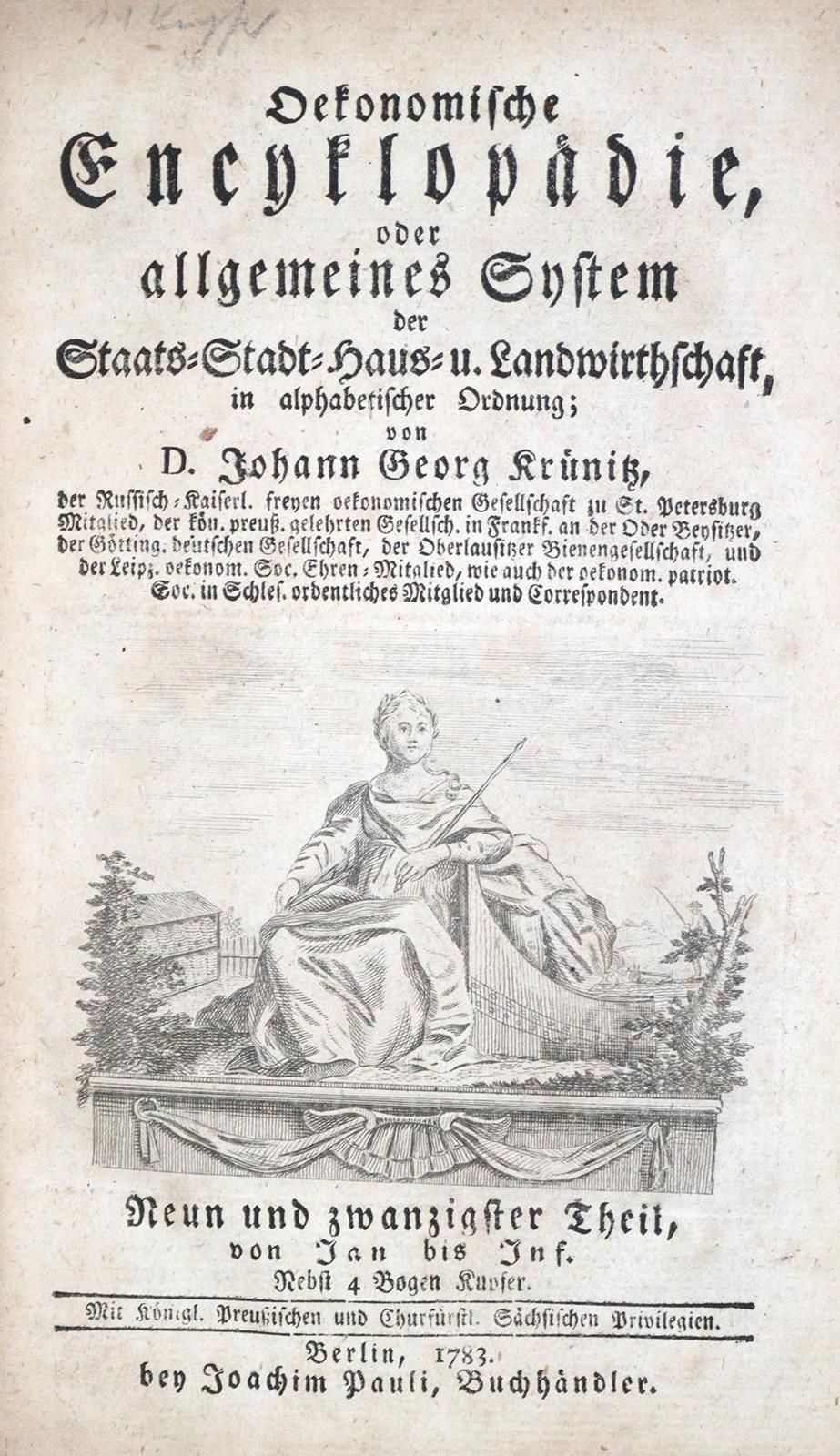 Krünitz,J.G. Vol. 029. Oeconomische Encyclopädie.从1月到Jnf。雕刻的正面肖像，标题图案。铜板。1张，787页&hellip;