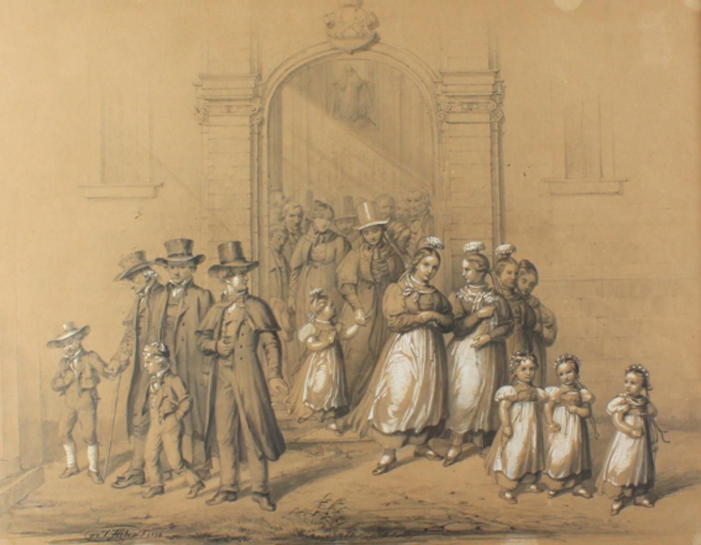 Weber, Dominik (1819年圣彼得/黑森林-1887年弗赖堡）。)穿着黑森林服装的教徒离开圣彼得教堂。部分白色增高的木炭一水洗画。水墨画，1856&hellip;