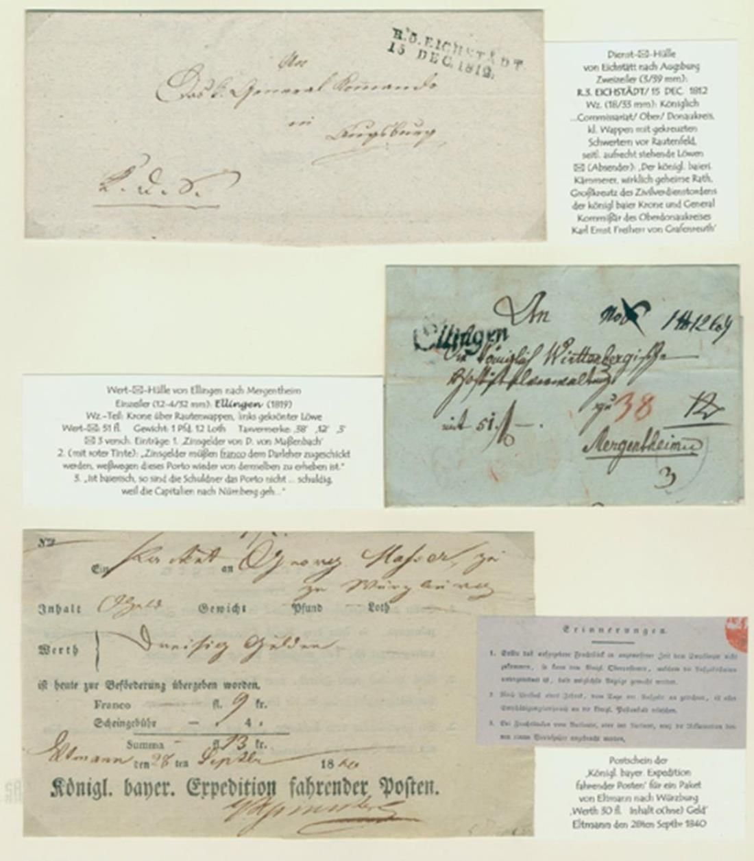 Vorphilatelie. 收集了65件，18-19世纪末。收藏家的文件夹。 包含军事、法庭和服务信函和信封，邮政和合法化证书，商业信函等。