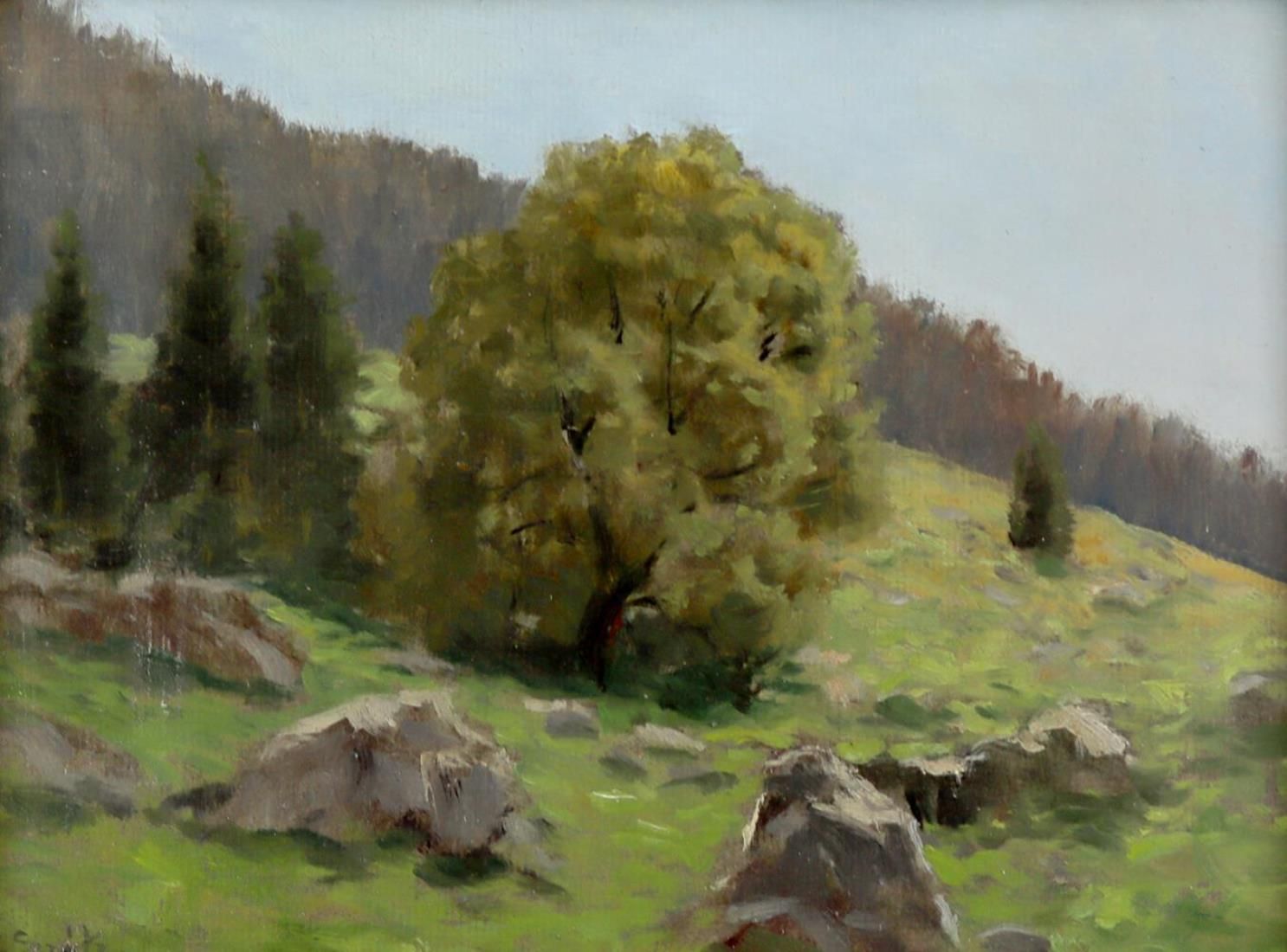 Konvolut di 7 dipinti a olio con motivi di paesaggi della Foresta Nera. XIX e XX&hellip;
