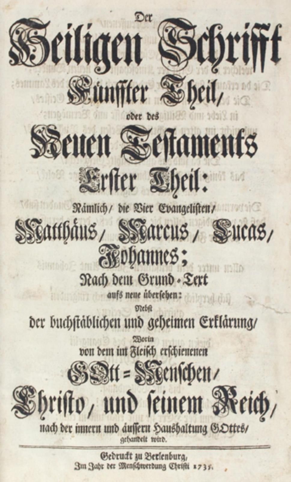 Biblia germanica. 圣经》...根据基本文本，新翻译和转录。Tle.5-6（共8册），1卷。Berleburg 1735-37. Cl. Fol&hellip;