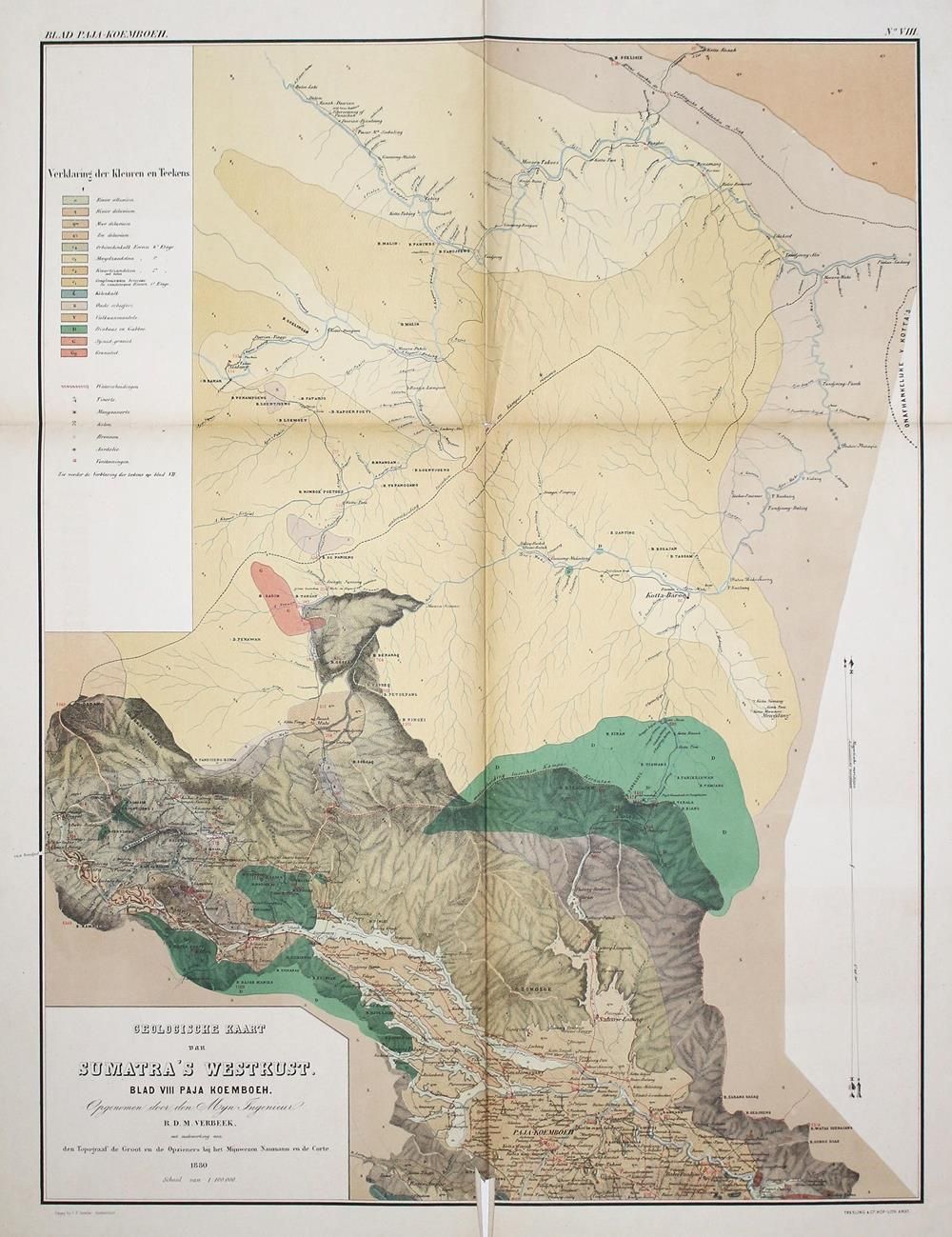(Fennema,R.). 苏门答腊西海岸的一个区域的地形和地质描述。图集（无文本卷）。阿姆斯特丹，斯特姆勒1883年，对开本，有13幅折页和彩色石印地图。松散&hellip;