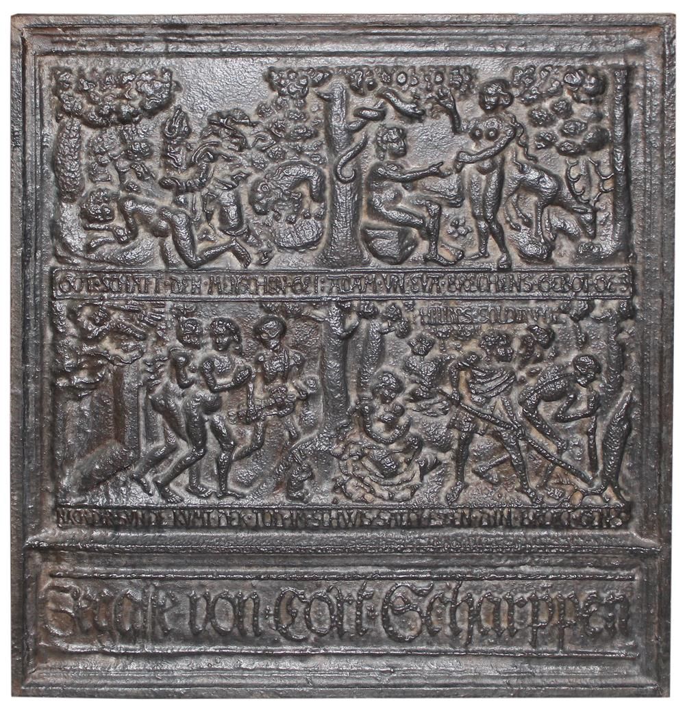 Ofenplatte, 20世纪重铸。66 x 62,5厘米。描绘的是。亚当的创造，人的堕落，被逐出天堂，死亡在Sweat....在下面的题词栏中：Cort S&hellip;