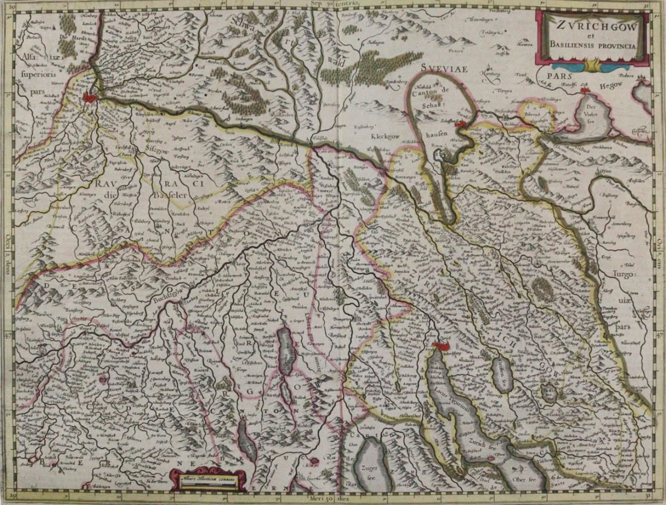 Zürich. "Zurichgow et Basiliensis provincia.旧色。铜雕地图，金色加高，来自阿姆斯特丹的Atlas Major Hon&hellip;