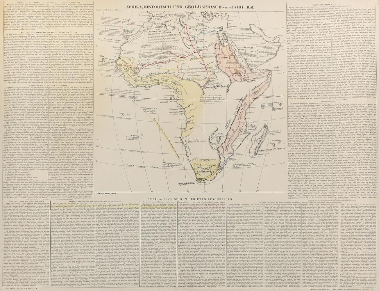 Afrika, 历史和地理。部分彩色铜雕地图，边上有文字。Le Sage Historisch-Genealogisch-Geographischer Atla&hellip;
