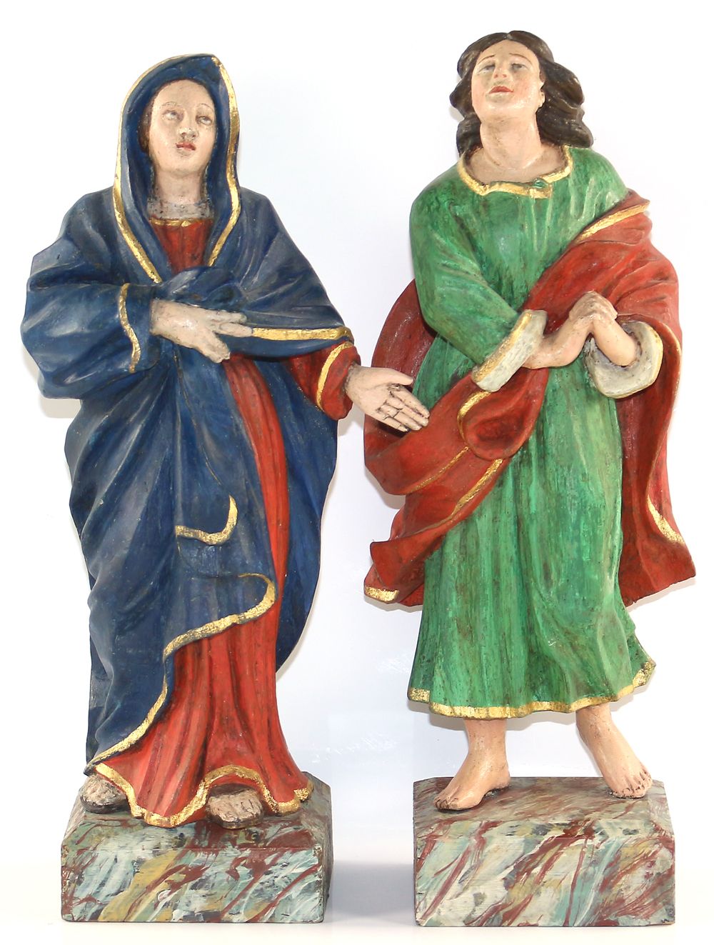 Heiliger Johannes, 祈祷。和玛丽。2个木制雕塑，手绘的。19世纪，高：包括底座，每个约28厘米。雕刻完整的圆形。在每一种情况下，衣服的下摆都是&hellip;