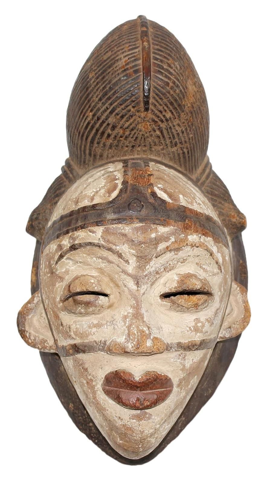 Punu Gabun 普努人的古老面具，具有绚丽的岁月光泽。以红色、黑色和白色着色。有些老化，背面有收藏标签。33厘米。老代表。休息。 D