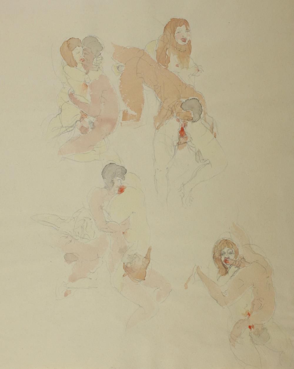 Erotische Szenen. 夫妻俩在不同的位置。铅笔画上的匿名水彩画，大概在20世纪。 R