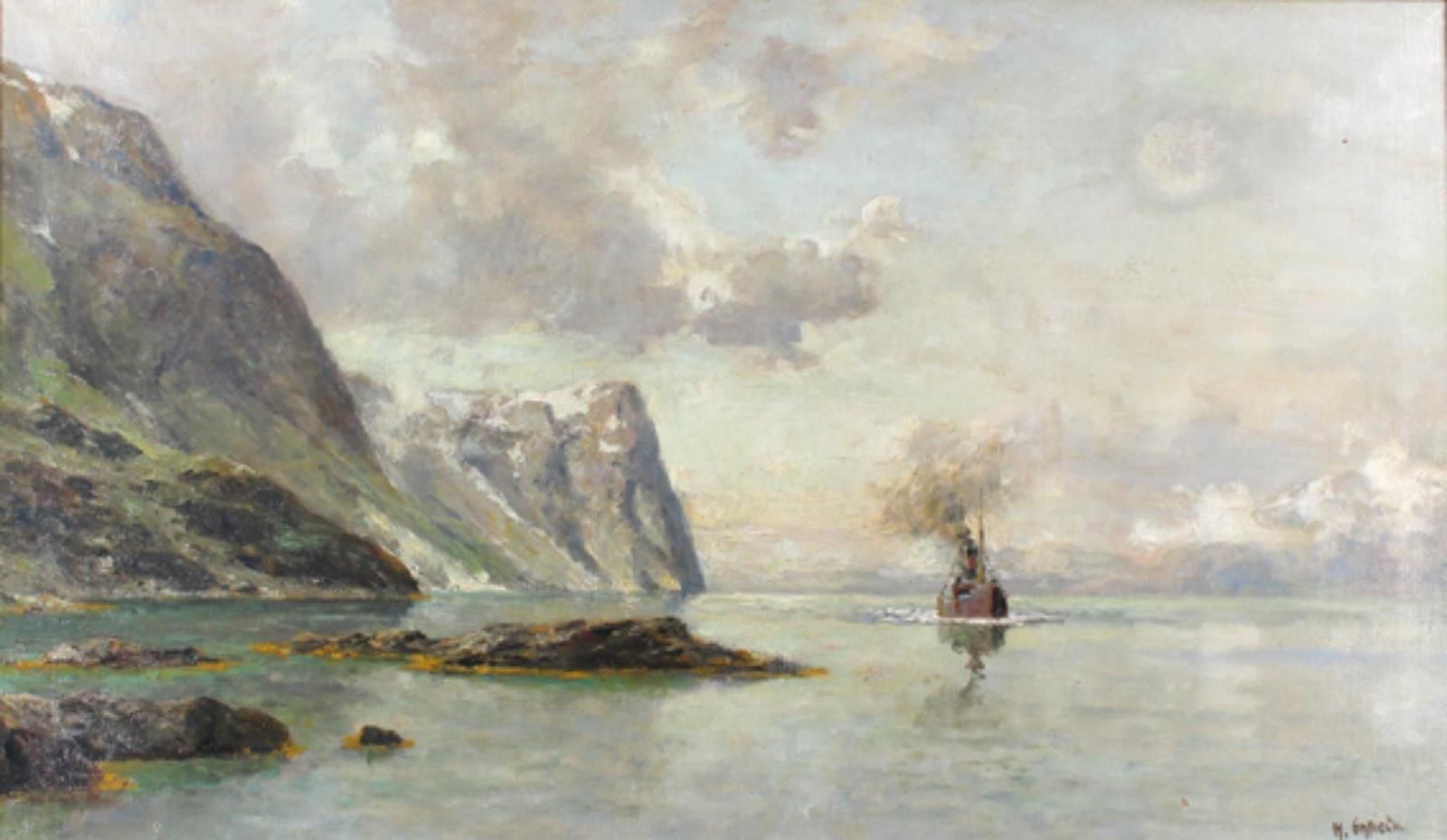 Enfield, Henry (1849年伦敦--1908年纽瓦普)。挪威峡湾中的蒸汽船。布面油画，约1890年，52 x 87厘米。右下方有签名。有框。 英国&hellip;