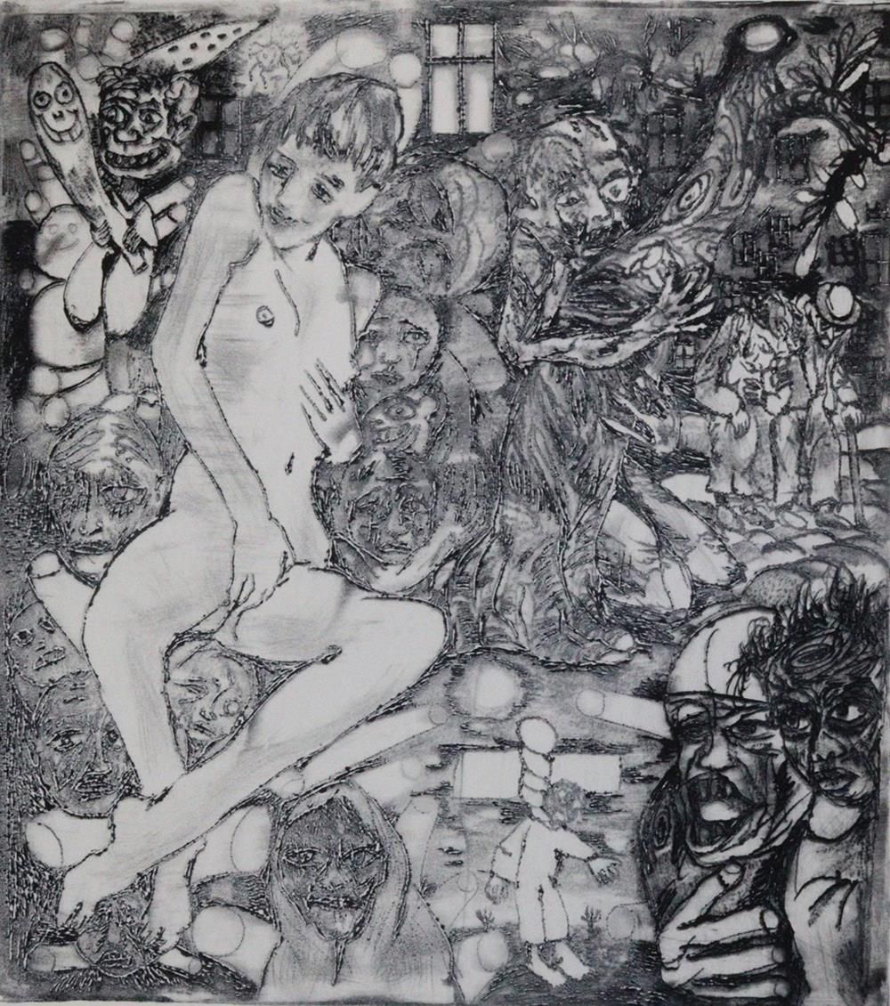 Bussotti, Renzo (1925年佛罗伦萨-帕多瓦2017年)。祝你生日快乐。一个自我满足的女性裸体。蚀刻画，约1984年。33.5 x 29.7，纸&hellip;
