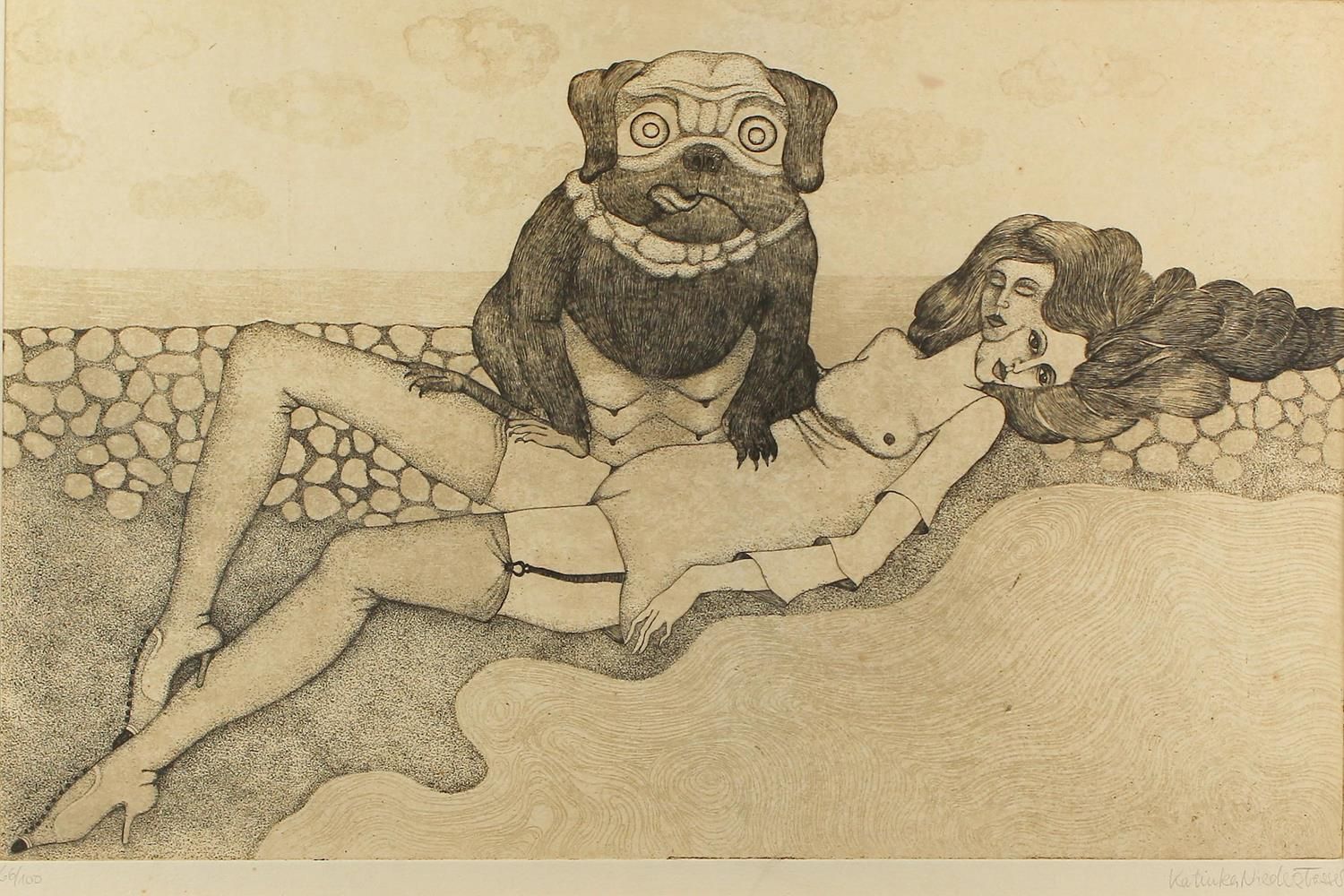 Niederstrasser, Katinka (1939年汉堡)。女狗 a. 躺着的女性半裸体。 蚀刻版画。约31.5 x 49.5厘米。签名a.有编号。在支&hellip;