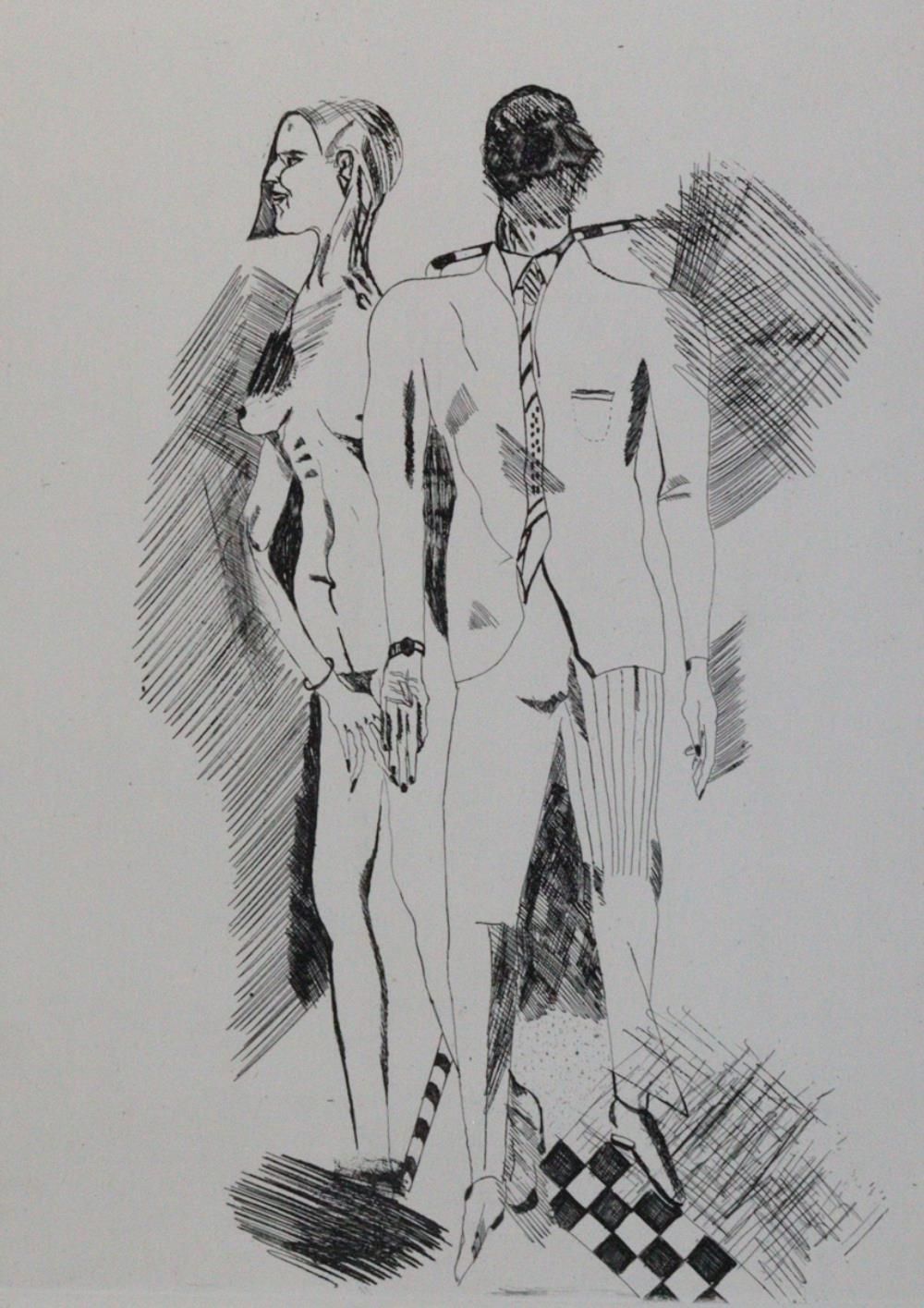 Biebl, Rolf (1951 Klingenthal)。女性裸体a.穿西装的人。蚀刻画，约1987年。32,5 x 24,3厘米，纸张35,8 x 35,&hellip;