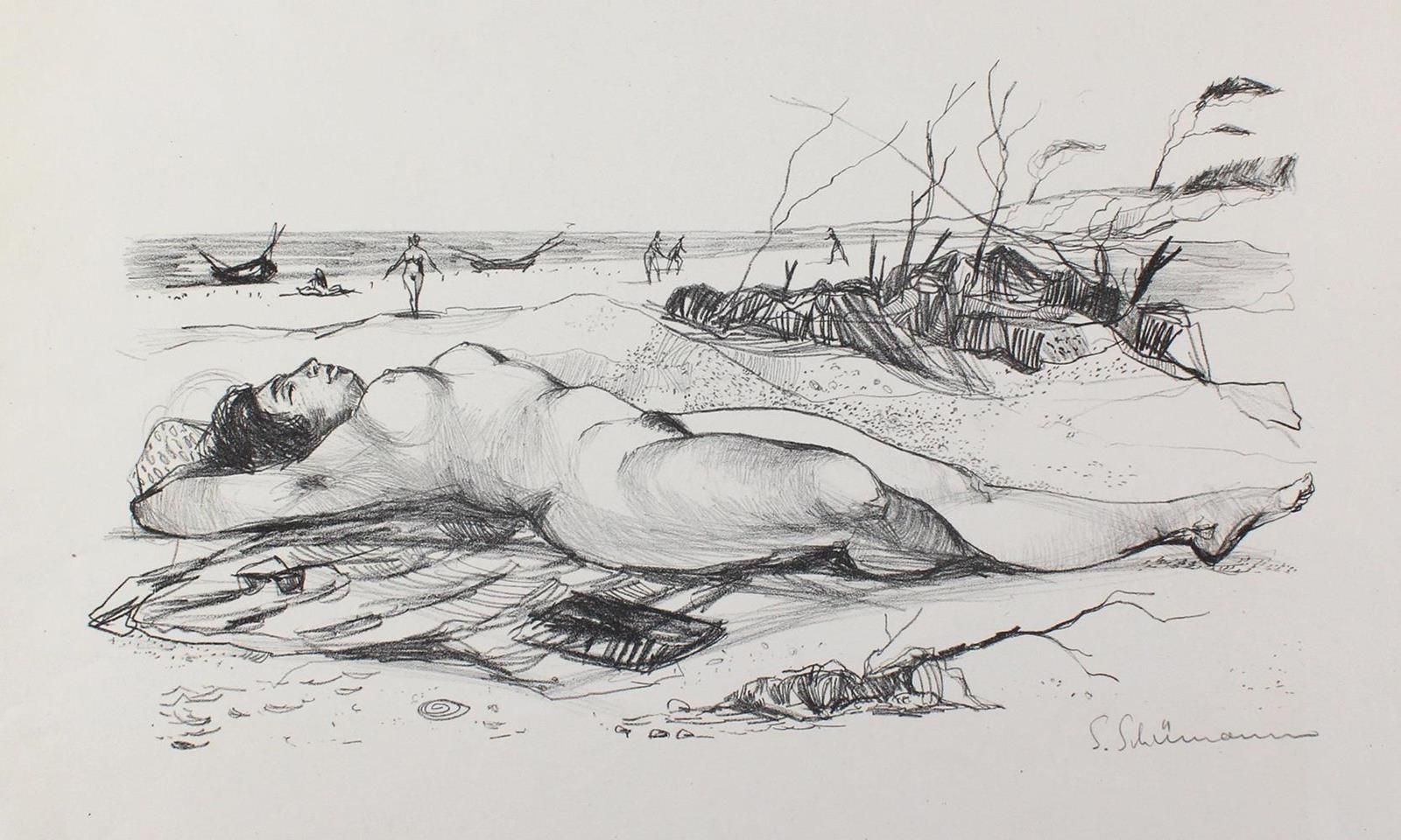 Schümann, Siegfried (1923年费尔德伯格-1974年柏林)。女性裸体躺在海滩上。石版画。约23,5 x 43,5，纸张尺寸39 x 57厘&hellip;