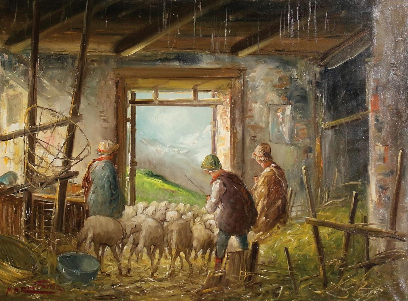 Fattori, Mario (1930年意大利)。牧羊人和他们的动物在一个马厩里。- 农舍里的小鸡，2幅布面油画。每个70 x 100厘米。左下方有签名。有框&hellip;