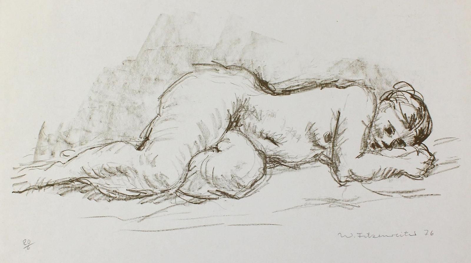 Fitzenreiter, Wilfried (1932年萨尔扎（哈尔茨）-2008年柏林）。女性裸体侧卧。1976年，棕色石版画在坚固的纸张上，35 x 49&hellip;