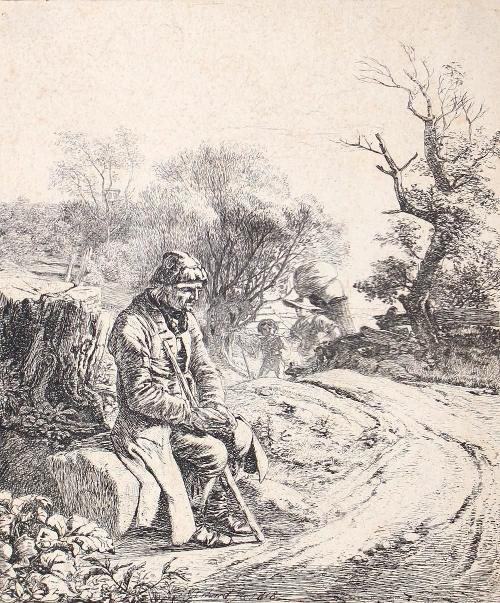 Erhard, Johann Christoph (1795年纽伦堡-1822年罗马)。坐在路边的老人。Vélin上的蚀刻画 1818年。15,5 x 13厘米&hellip;