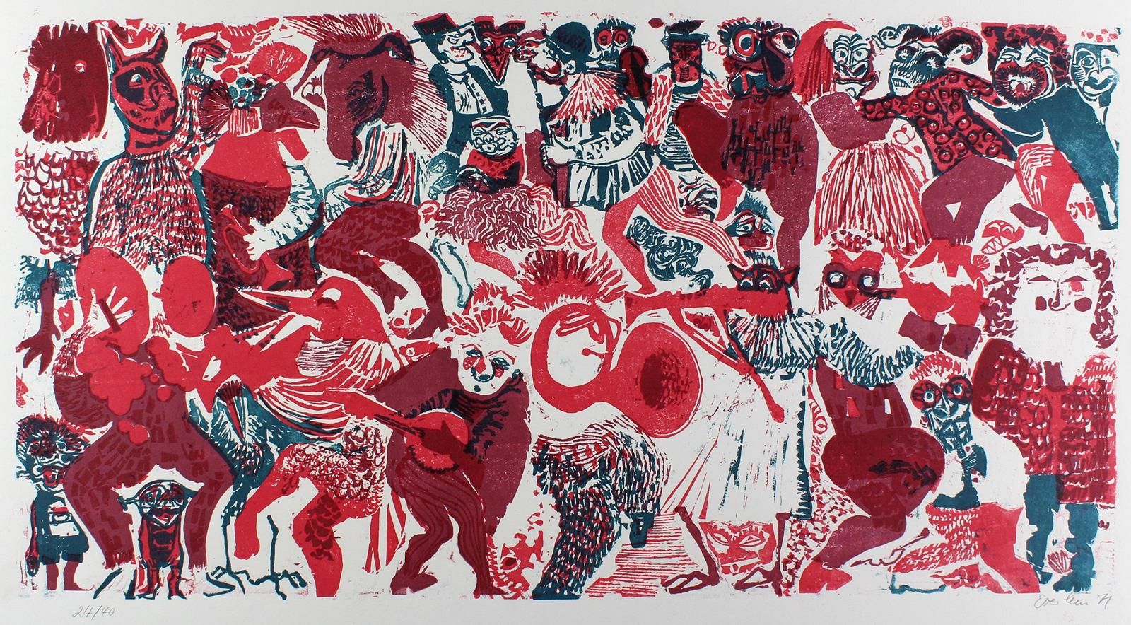 Eberlein, Klaus (1941 Munich). Carnival. Color linocut, 1971. 34,5 x 66, folgr. &hellip;